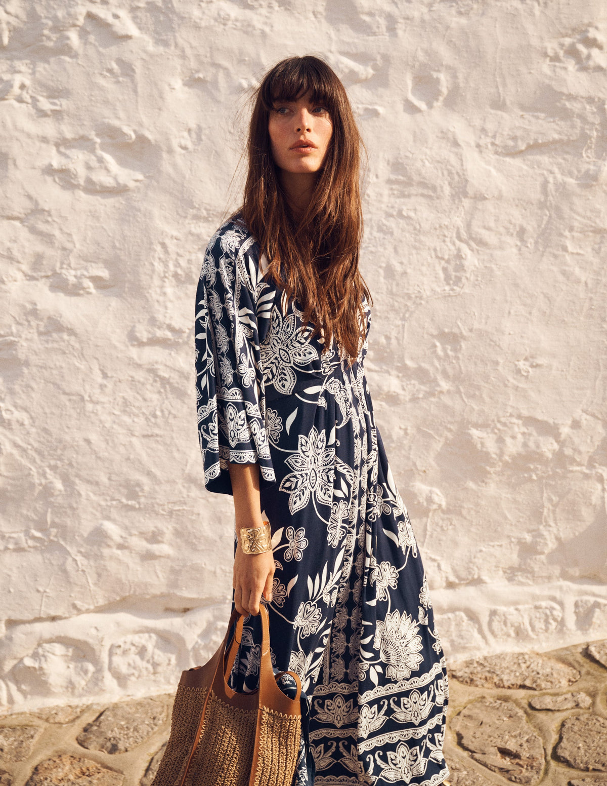 Nell Kimono Midi Jersey Dress-Navy, Elegant Blossom - Image 7