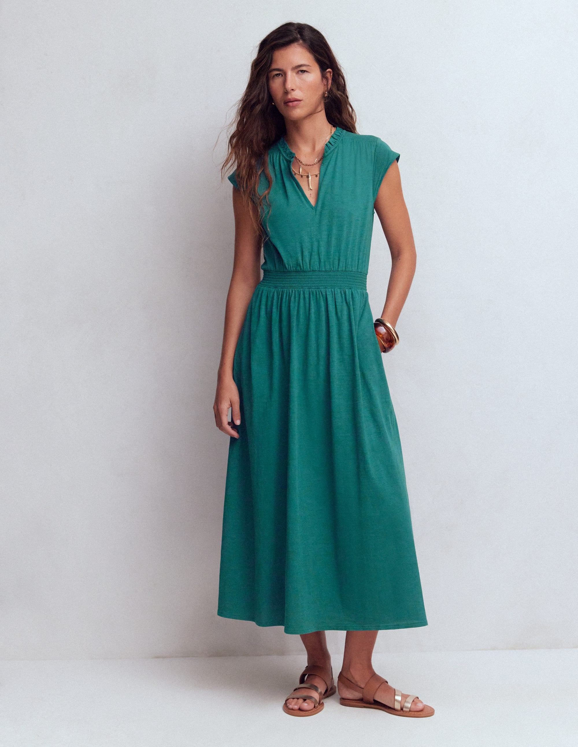 Alba Smocked Jersey Midi Dress-Drake Green - Image 1