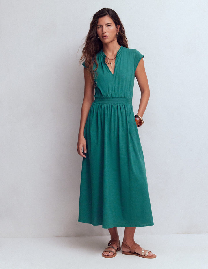 Alba Smocked Jersey Midi Dress-Drake Green