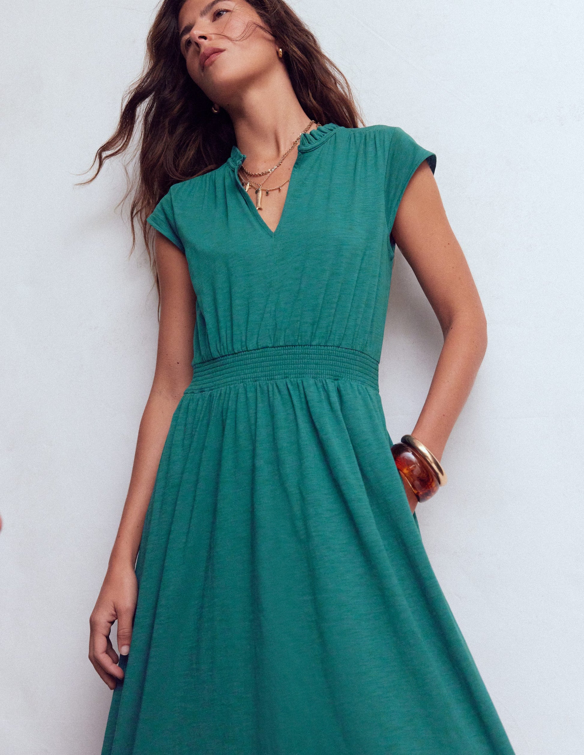 Alba Smocked Jersey Midi Dress-Drake Green-2