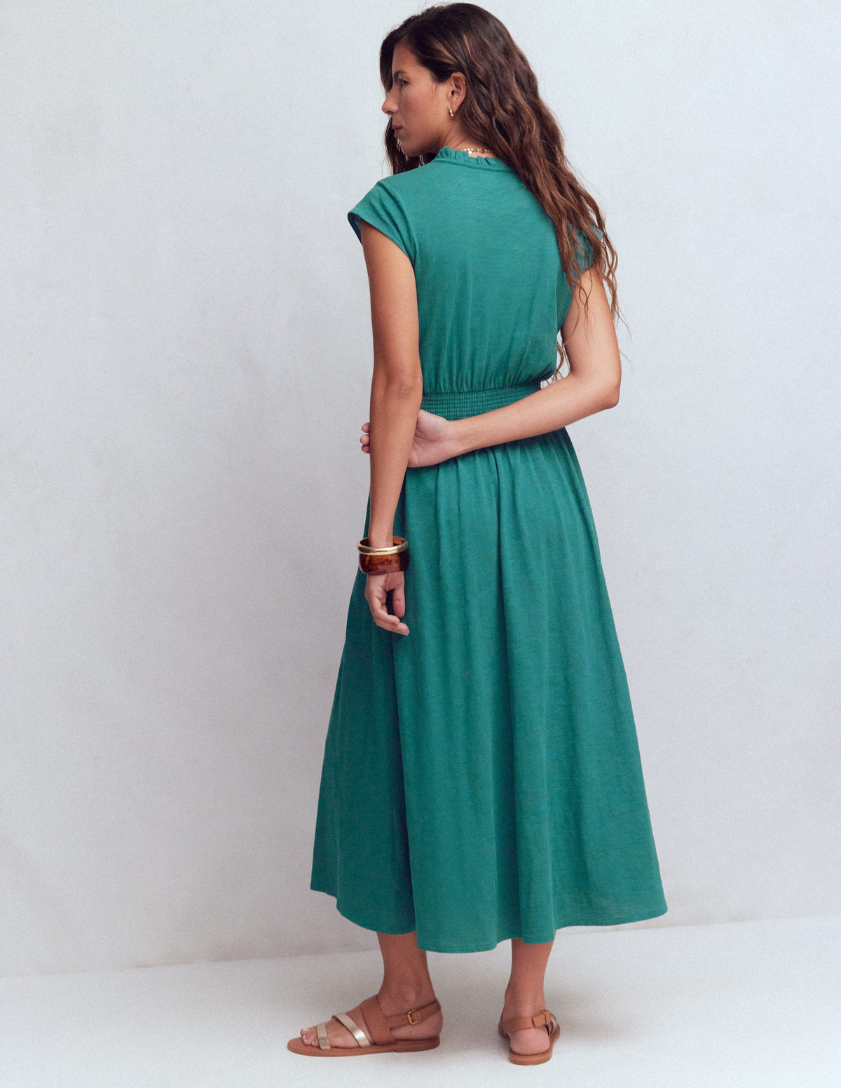 Alba Smocked Jersey Midi Dress-Drake Green - Image 3