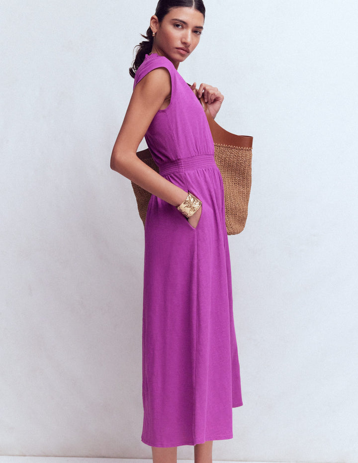 Alba Smocked Jersey Midi Dress-Damson