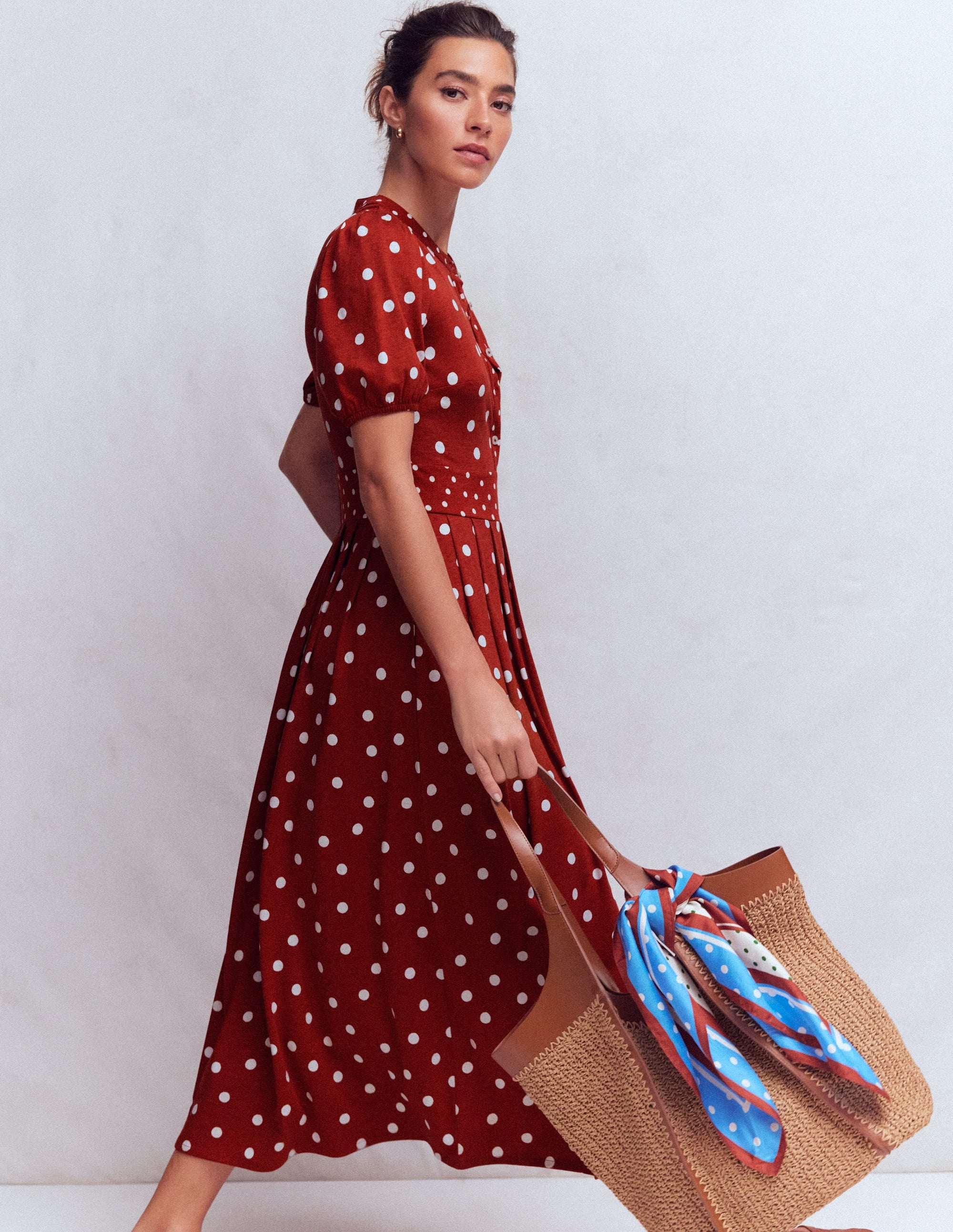 Amber Pleat Jersey Midi Dress-Burnt Orange, Painted Dot - Image 1