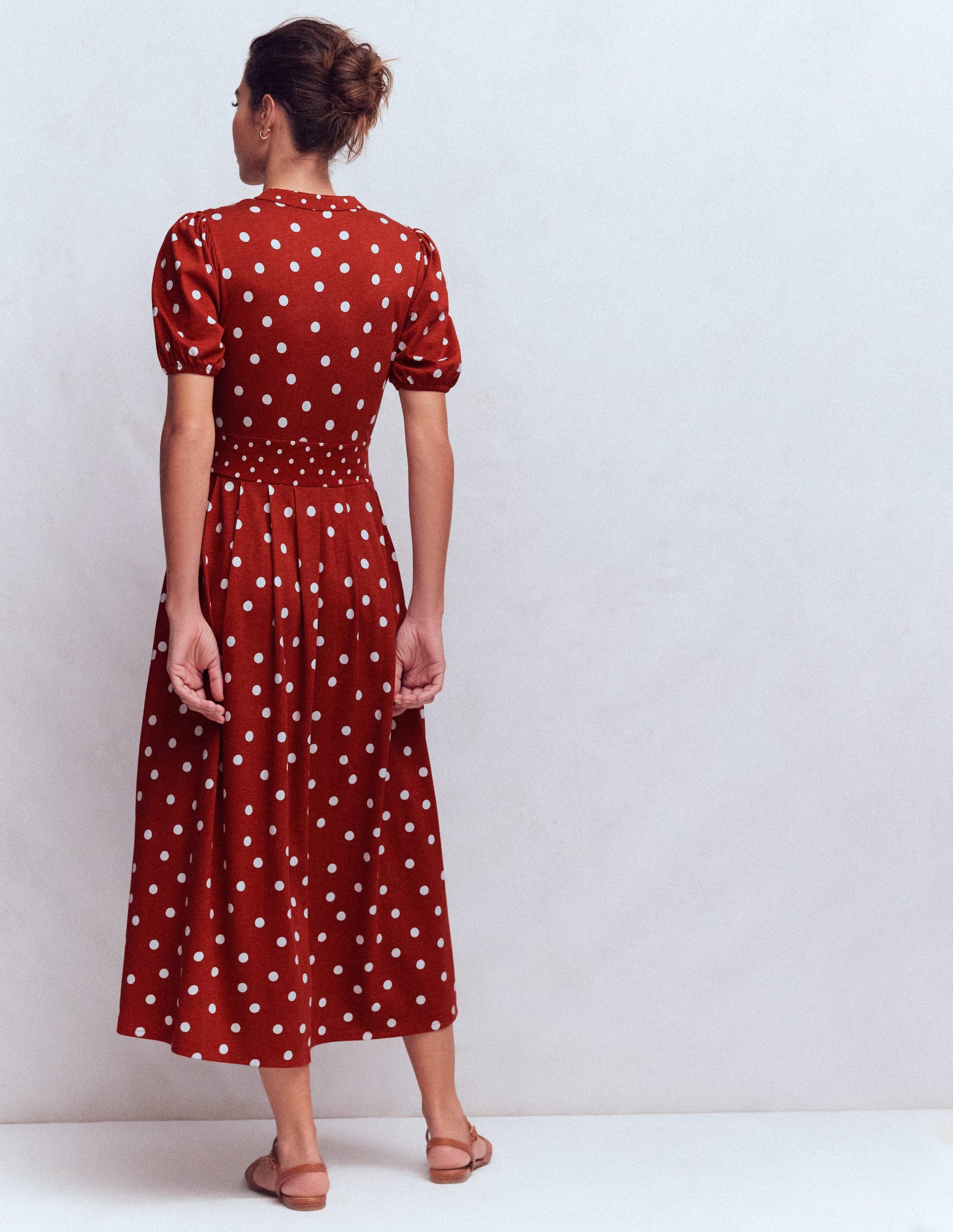Amber Pleat Jersey Midi Dress-Burnt Orange, Painted Dot-3