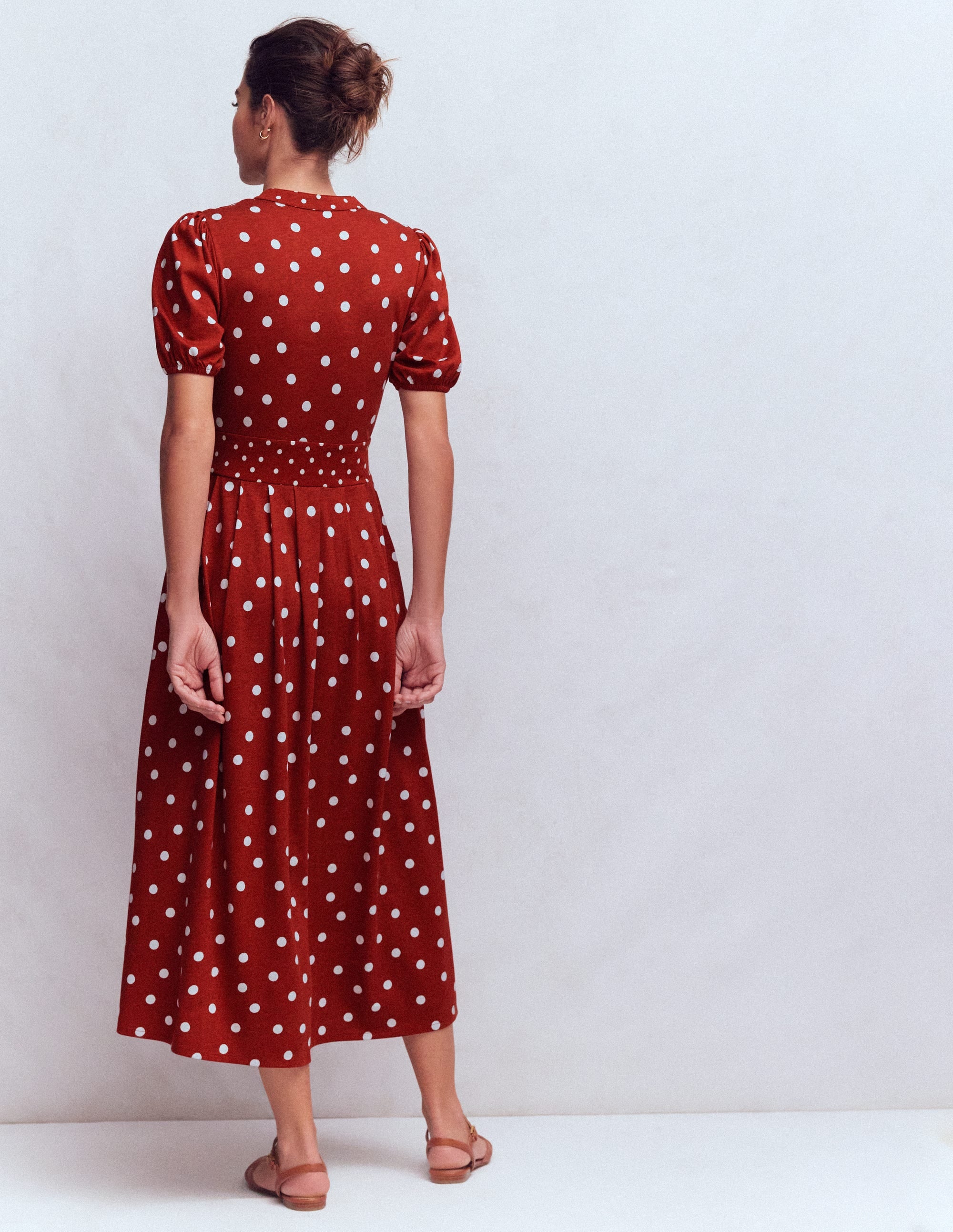 Amber Pleat Jersey Midi Dress-Burnt Orange, Painted Dot - Image 3