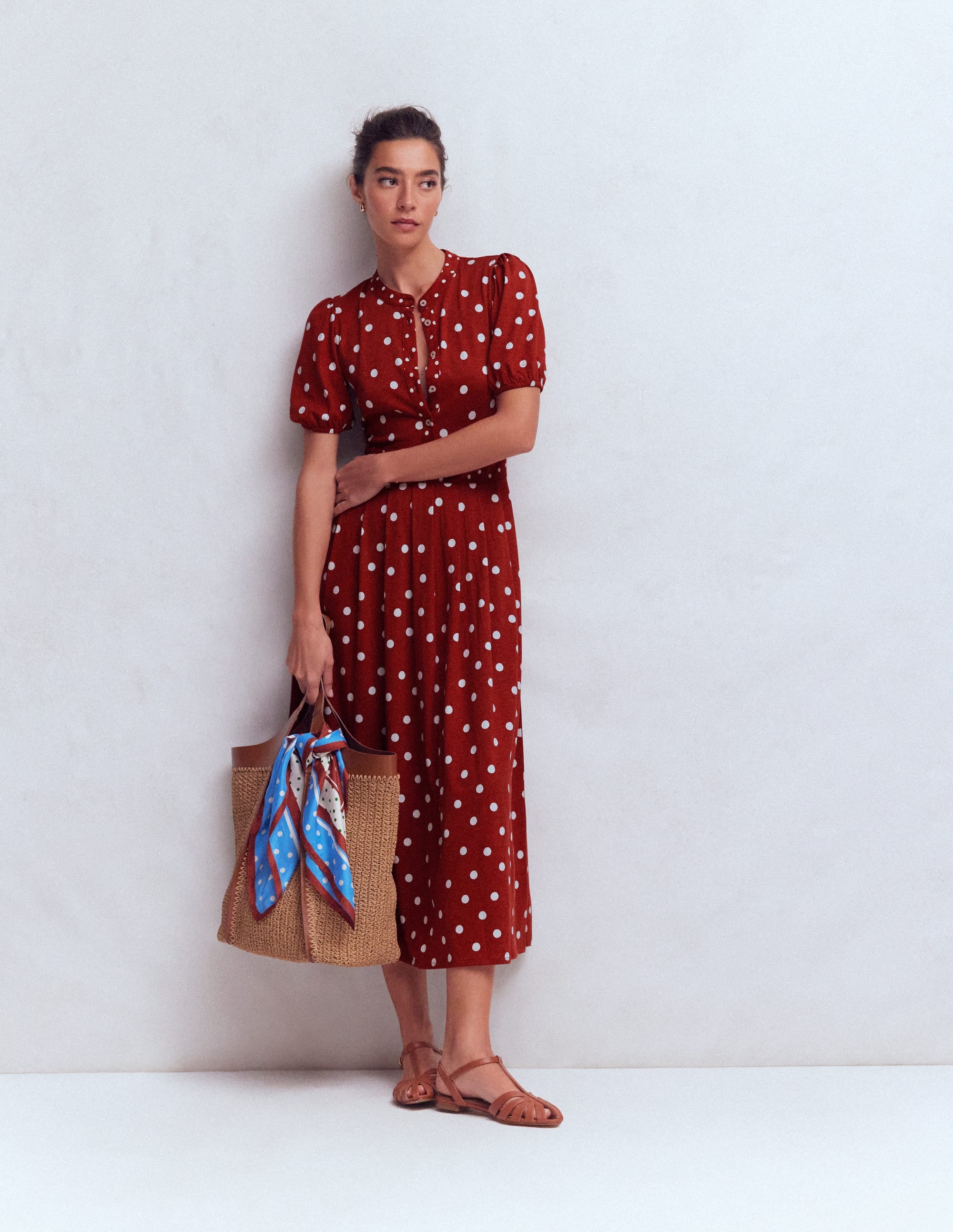 Amber Pleat Jersey Midi Dress-Burnt Orange, Painted Dot - Image 4