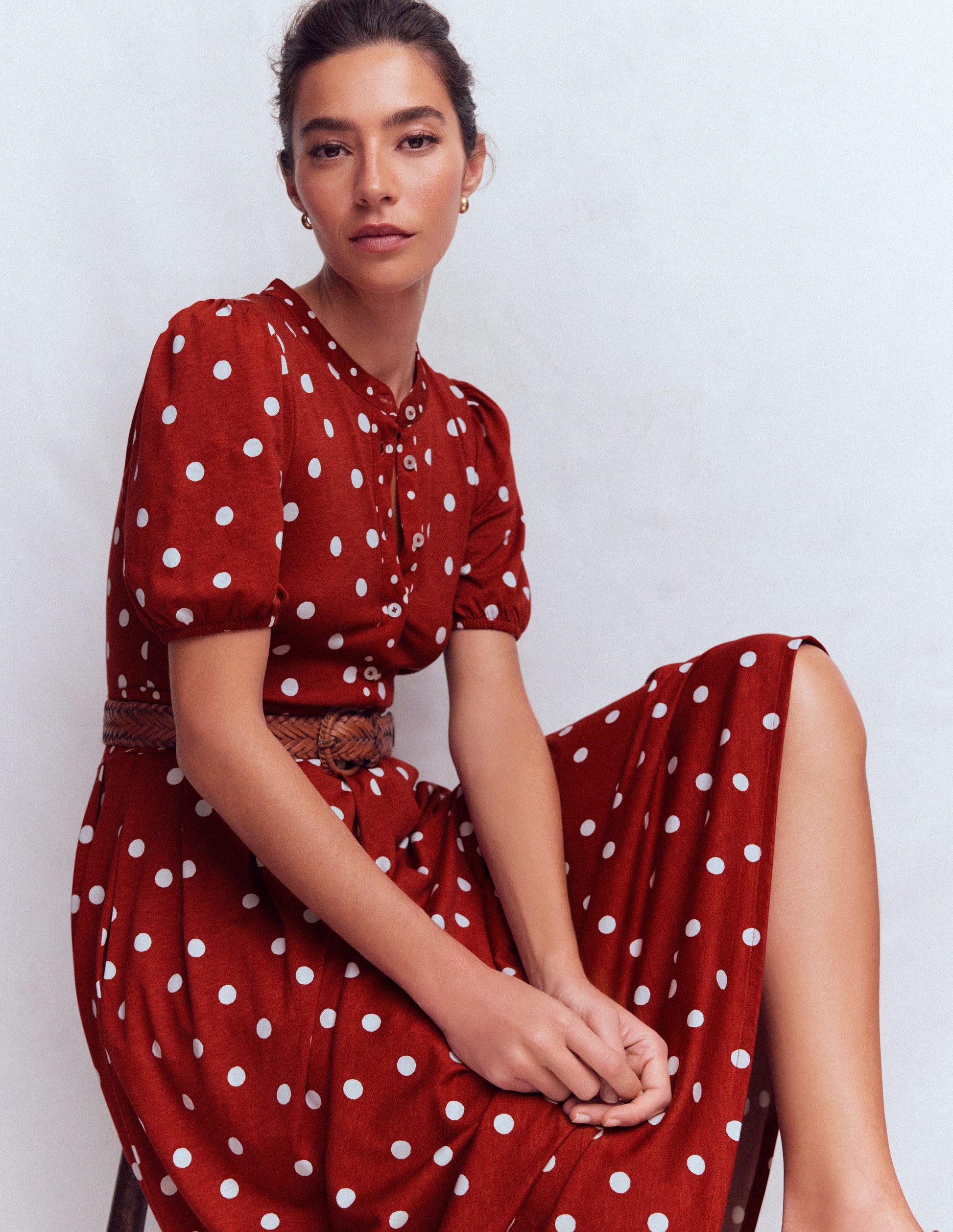 Amber Pleat Jersey Midi Dress-Burnt Orange, Painted Dot-5