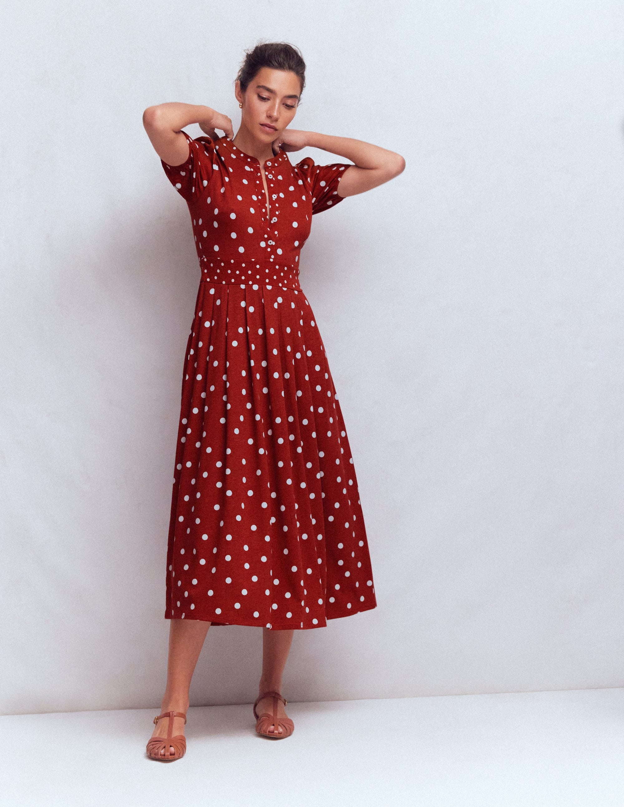 Amber Pleat Jersey Midi Dress-Burnt Orange, Painted Dot - Image 6