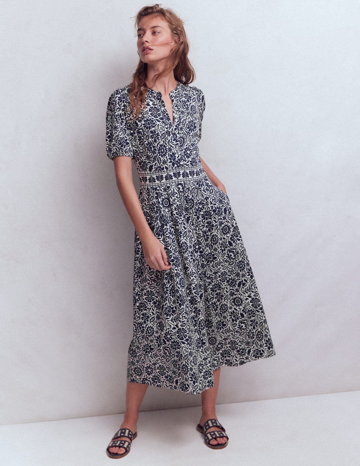 Amber Pleat Jersey Midi Dress-Navy, Meadow Scatter - Image 1