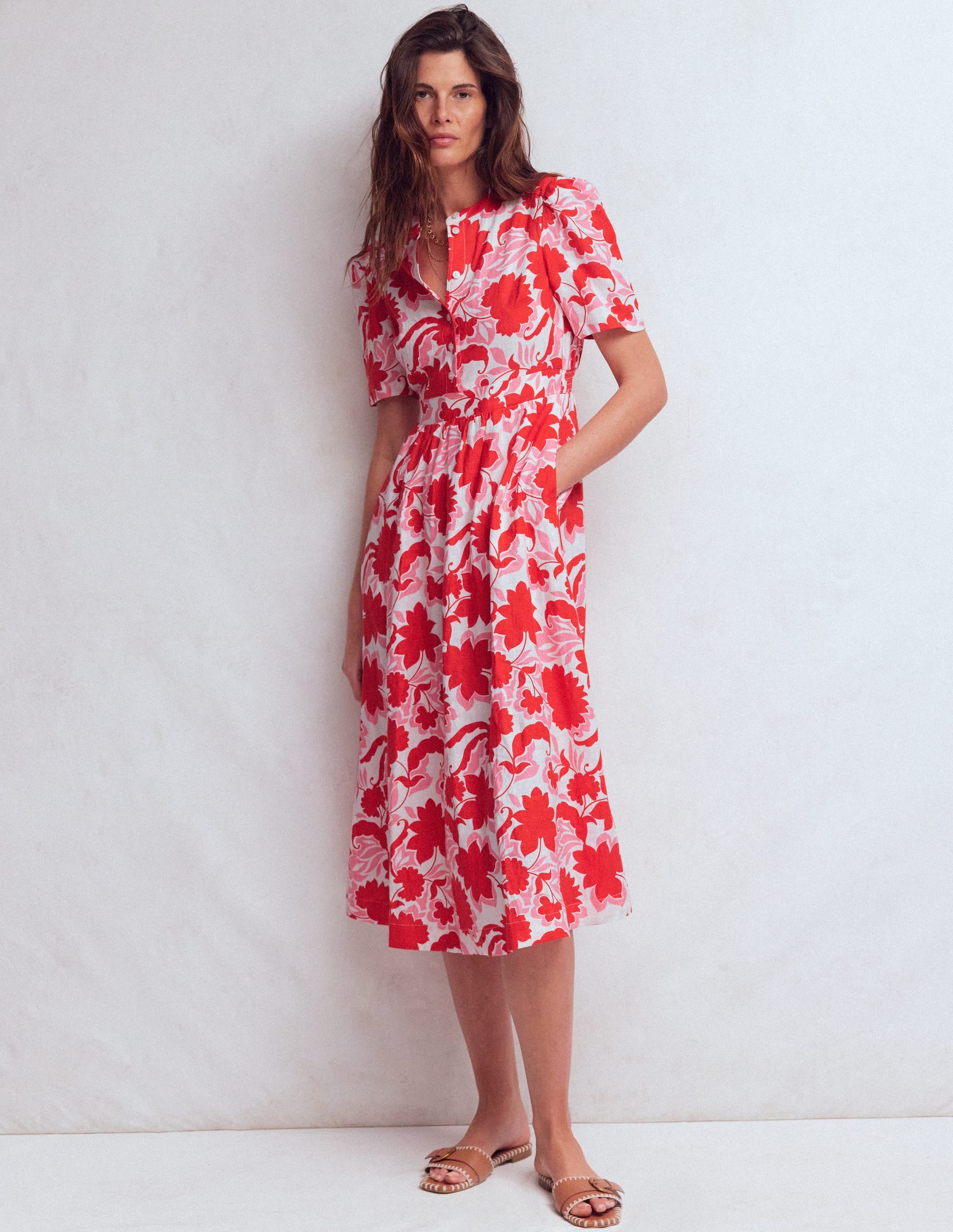 Ivy Button Linen Midi Dress-Red Shadow Blossom - Image 4