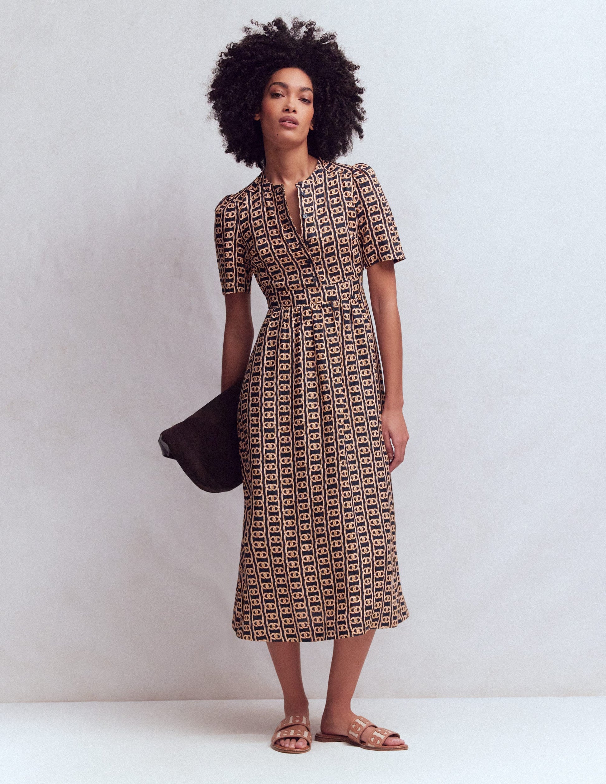 Ivy Button Linen Midi Dress-French Navy, Rope Trellis-1