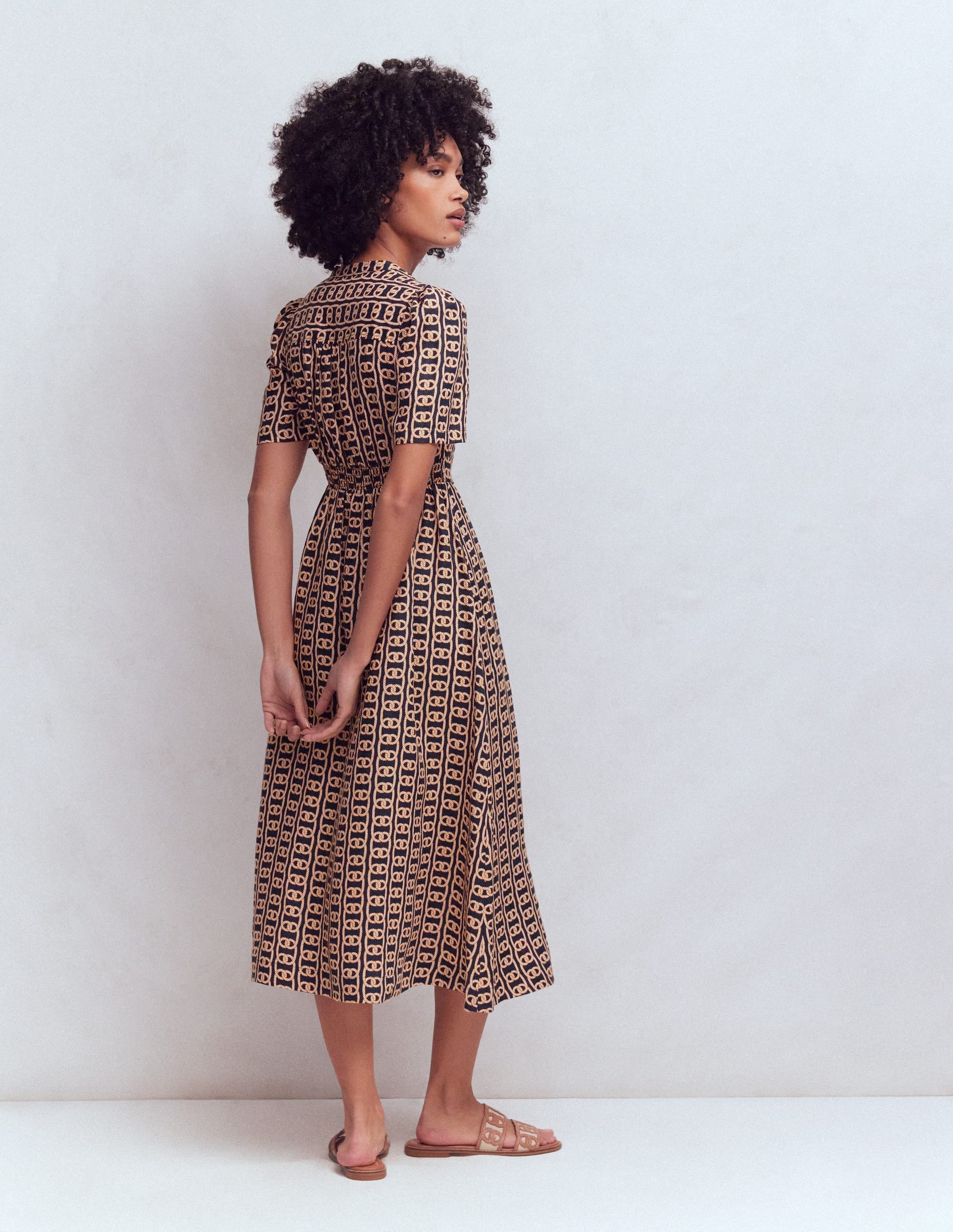 Ivy Button Linen Midi Dress-French Navy, Rope Trellis - Image 3