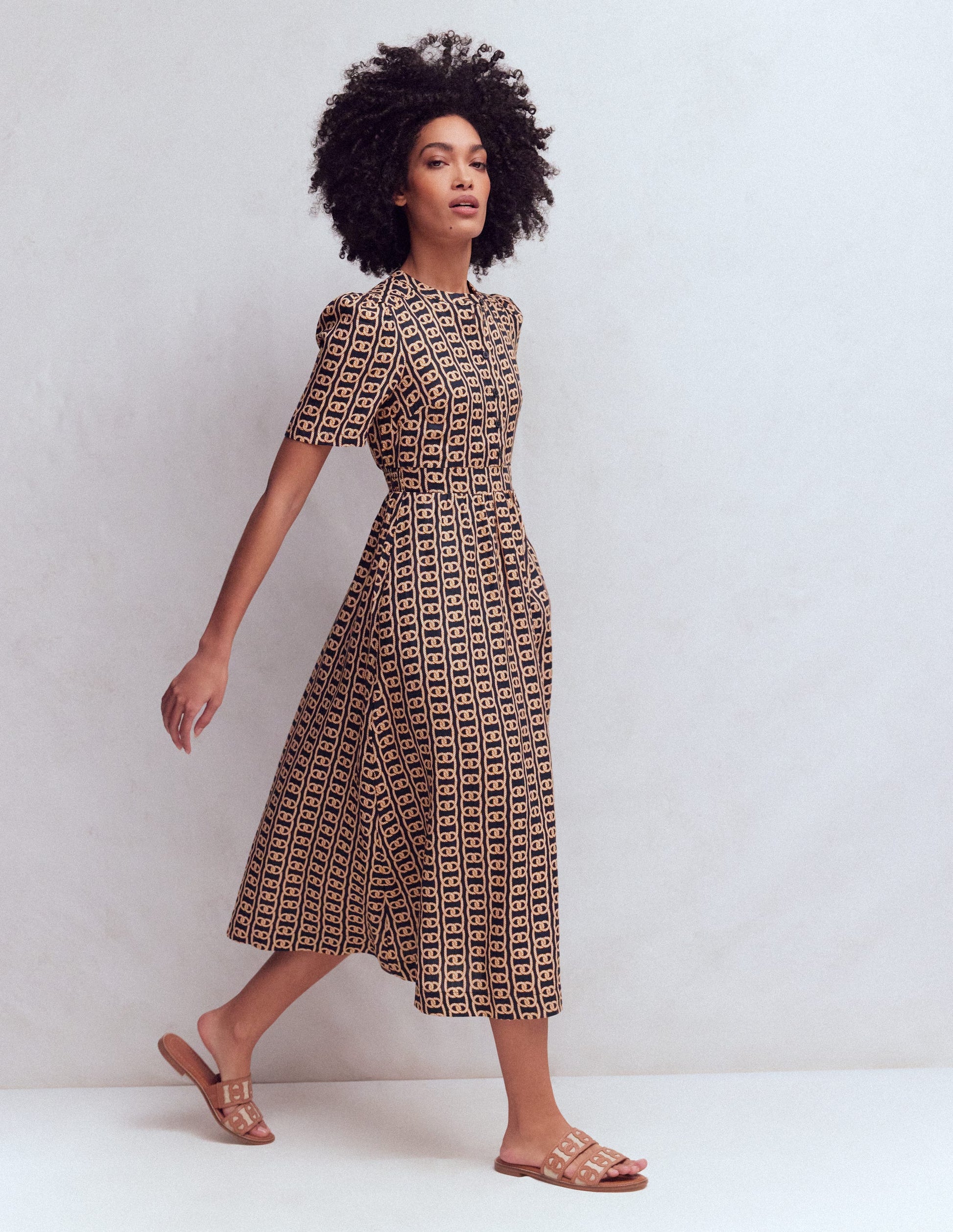 Ivy Button Linen Midi Dress-French Navy, Rope Trellis-4