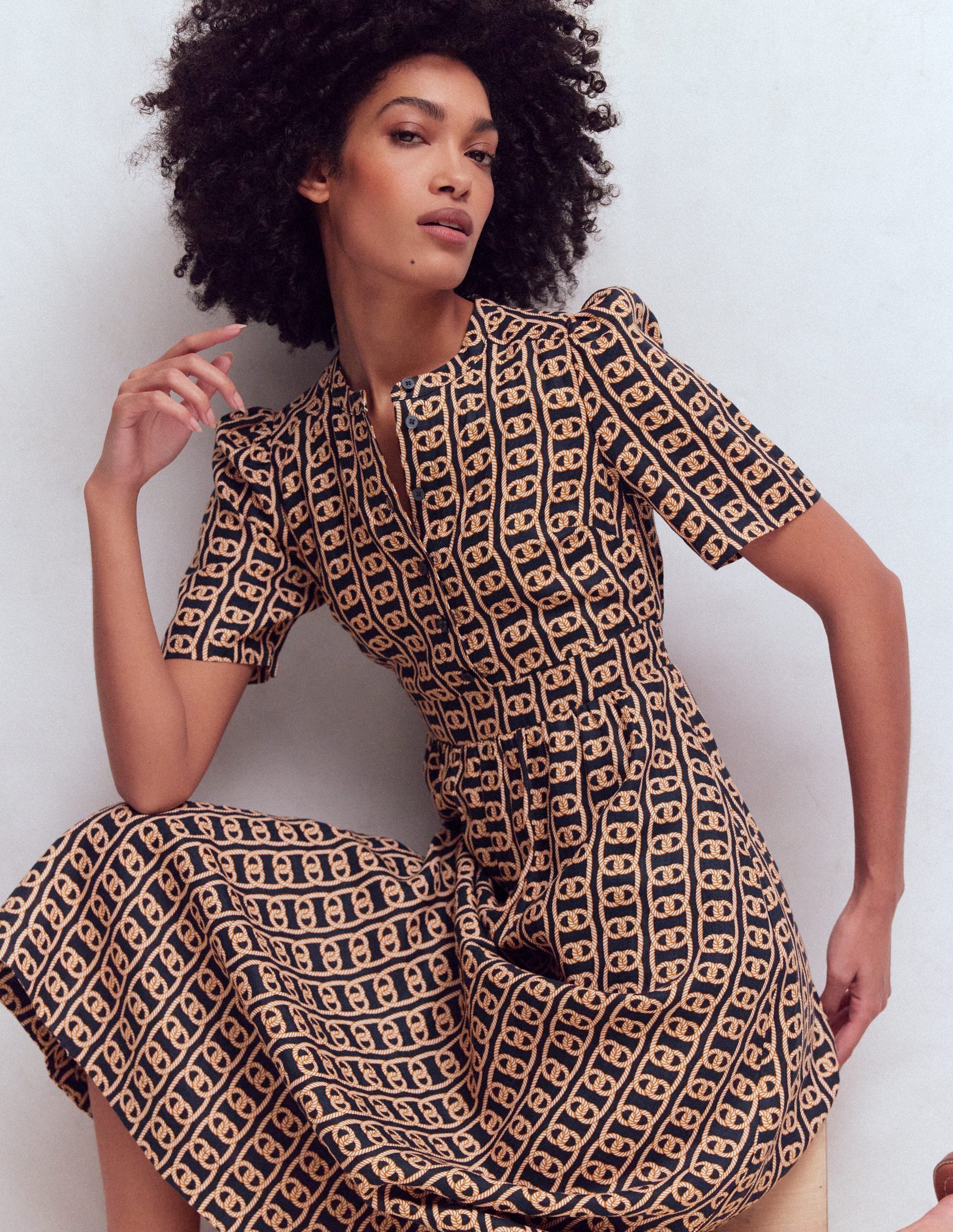Ivy Button Linen Midi Dress-French Navy, Rope Trellis-5