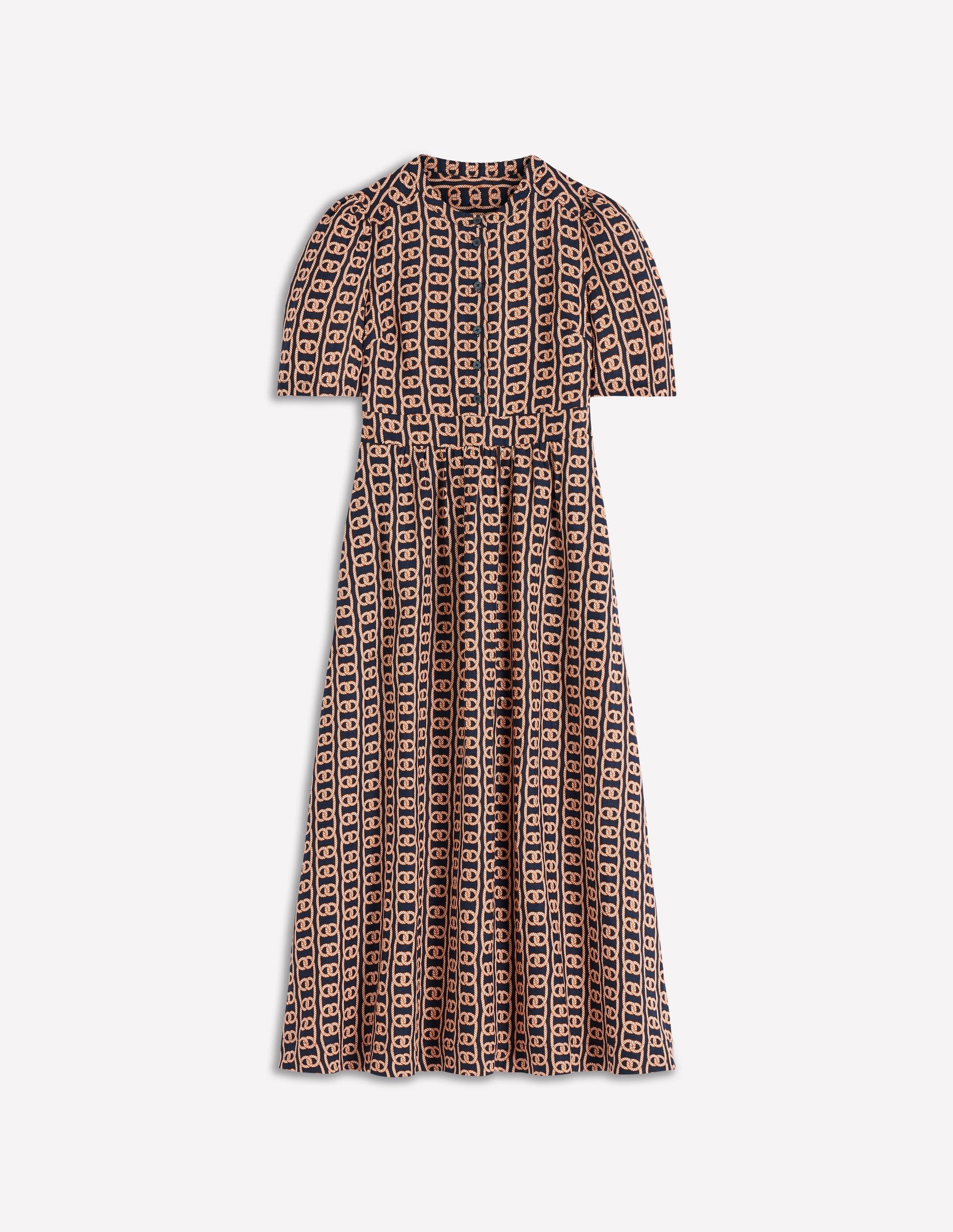 Ivy Button Linen Midi Dress-French Navy, Rope Trellis-7