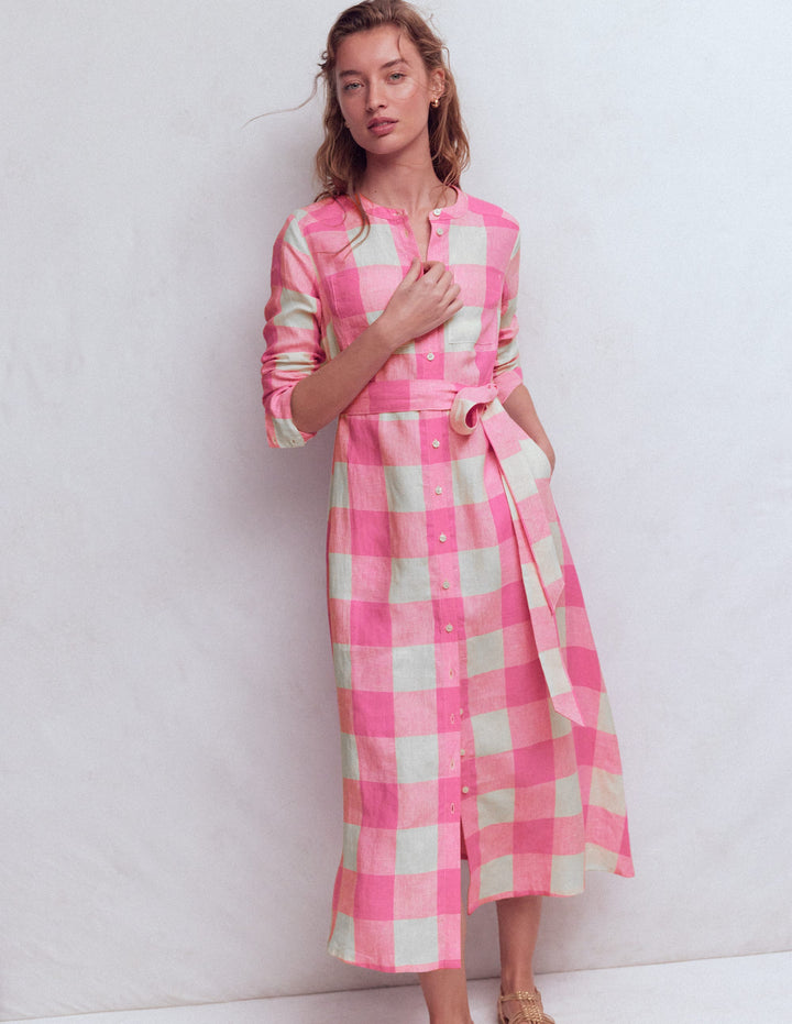 Mollie Linen Shirt Dress-Pink Punch Gingham