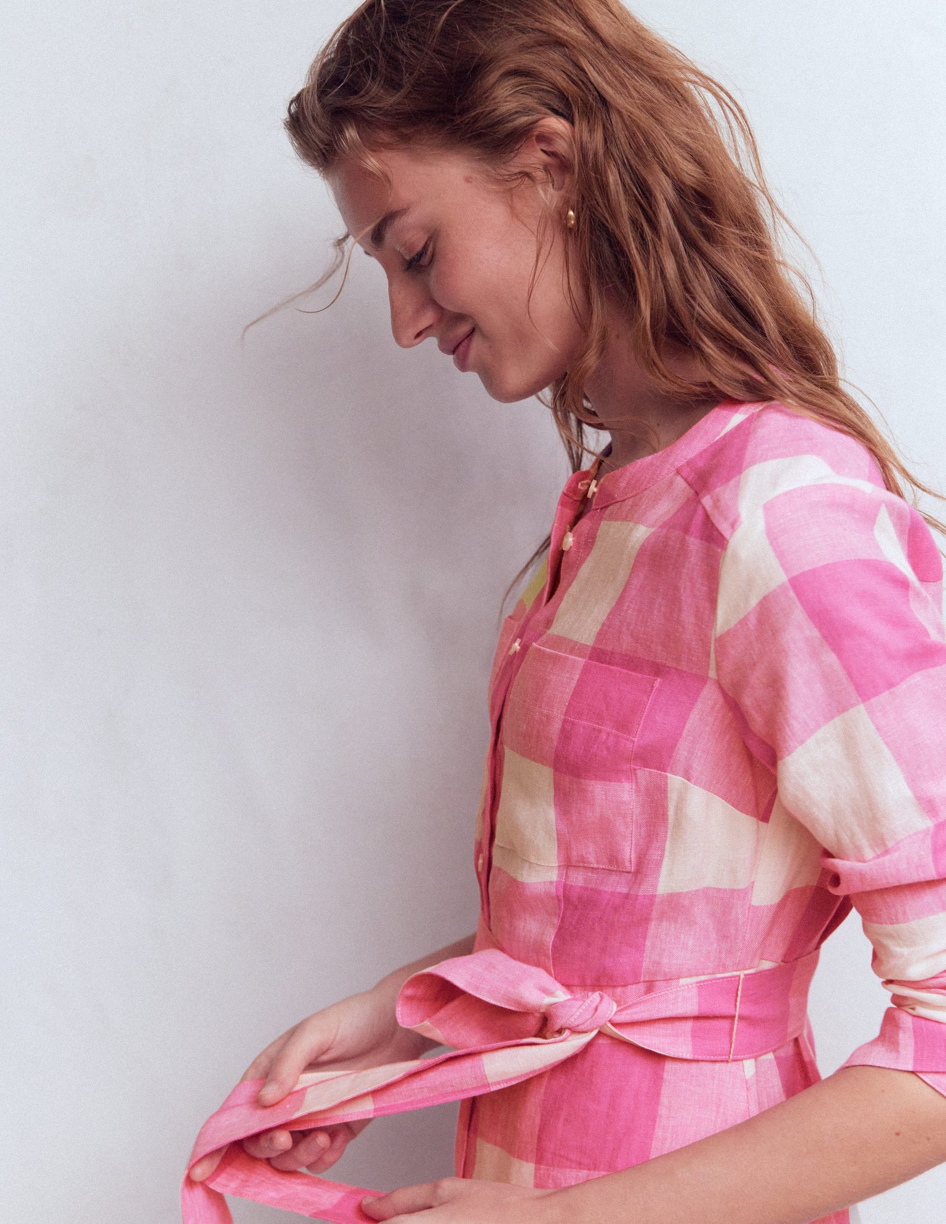 Mollie Linen Midi Dress-Pink Punch Gingham-5