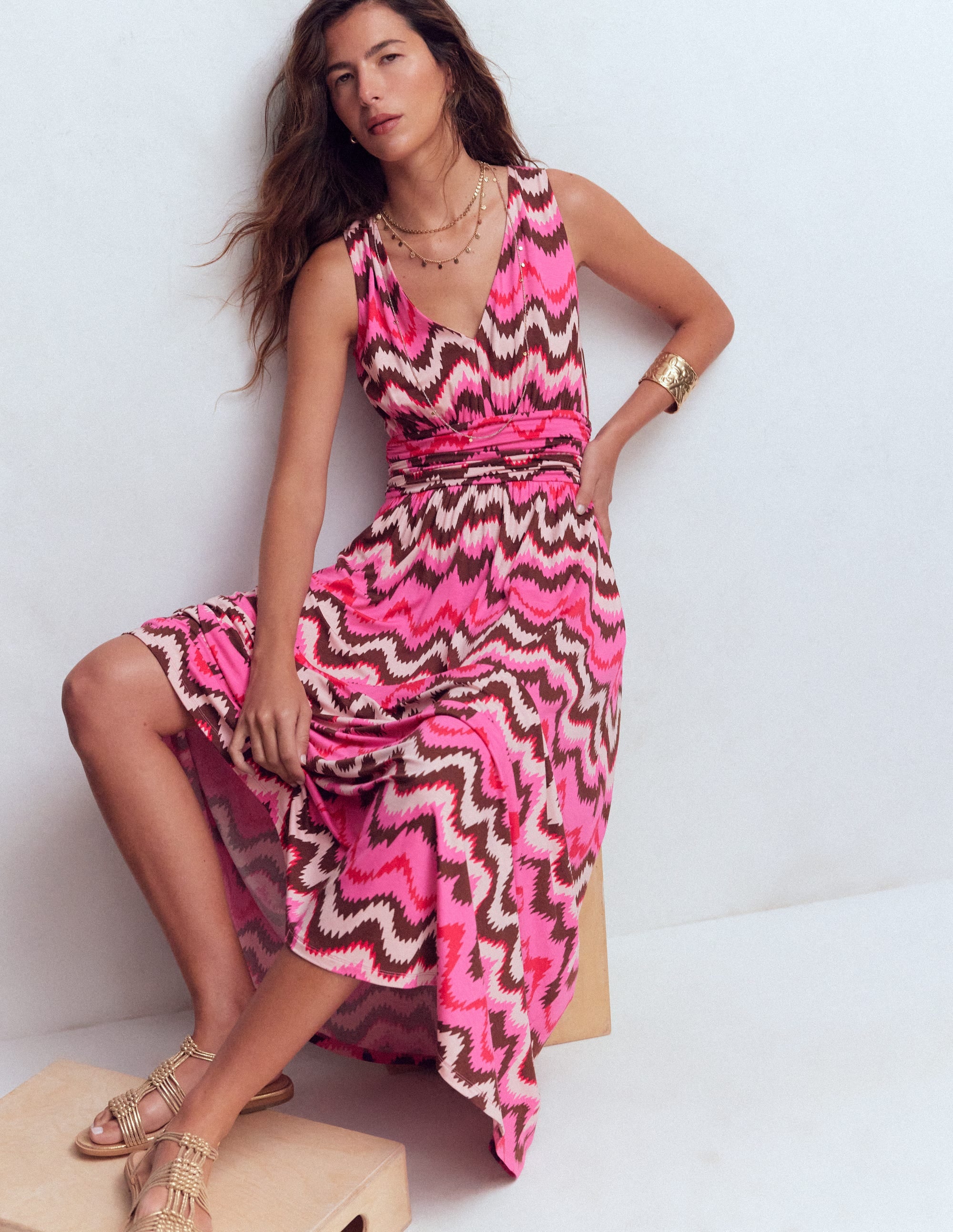 Elodie Jersey Maxi Dress-Pink Punch, Zig Zag Wave - Image 5