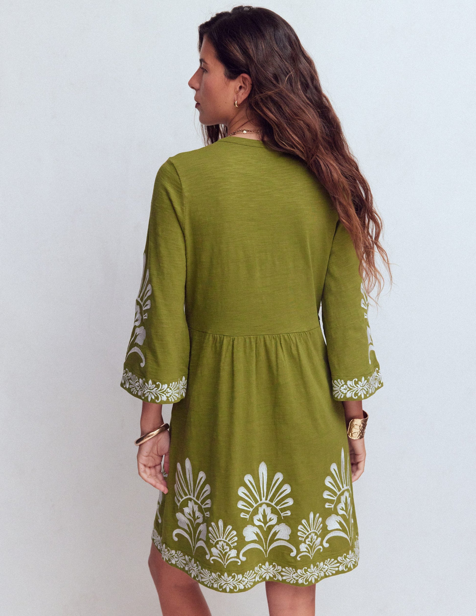 Short Kaftan Jersey Dress-Khaki Embroidered-5