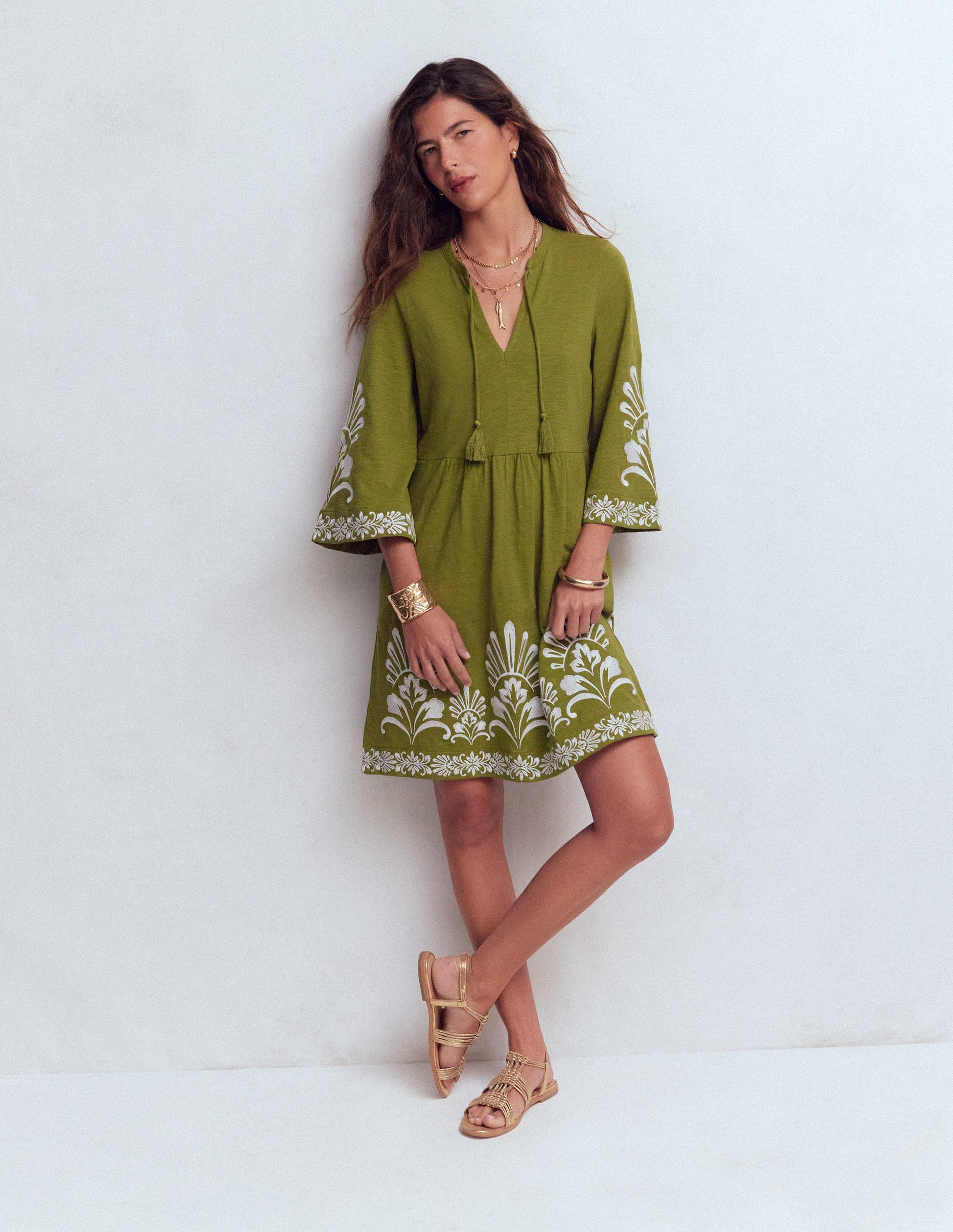 Short Kaftan Jersey Dress-Khaki Embroidered-2