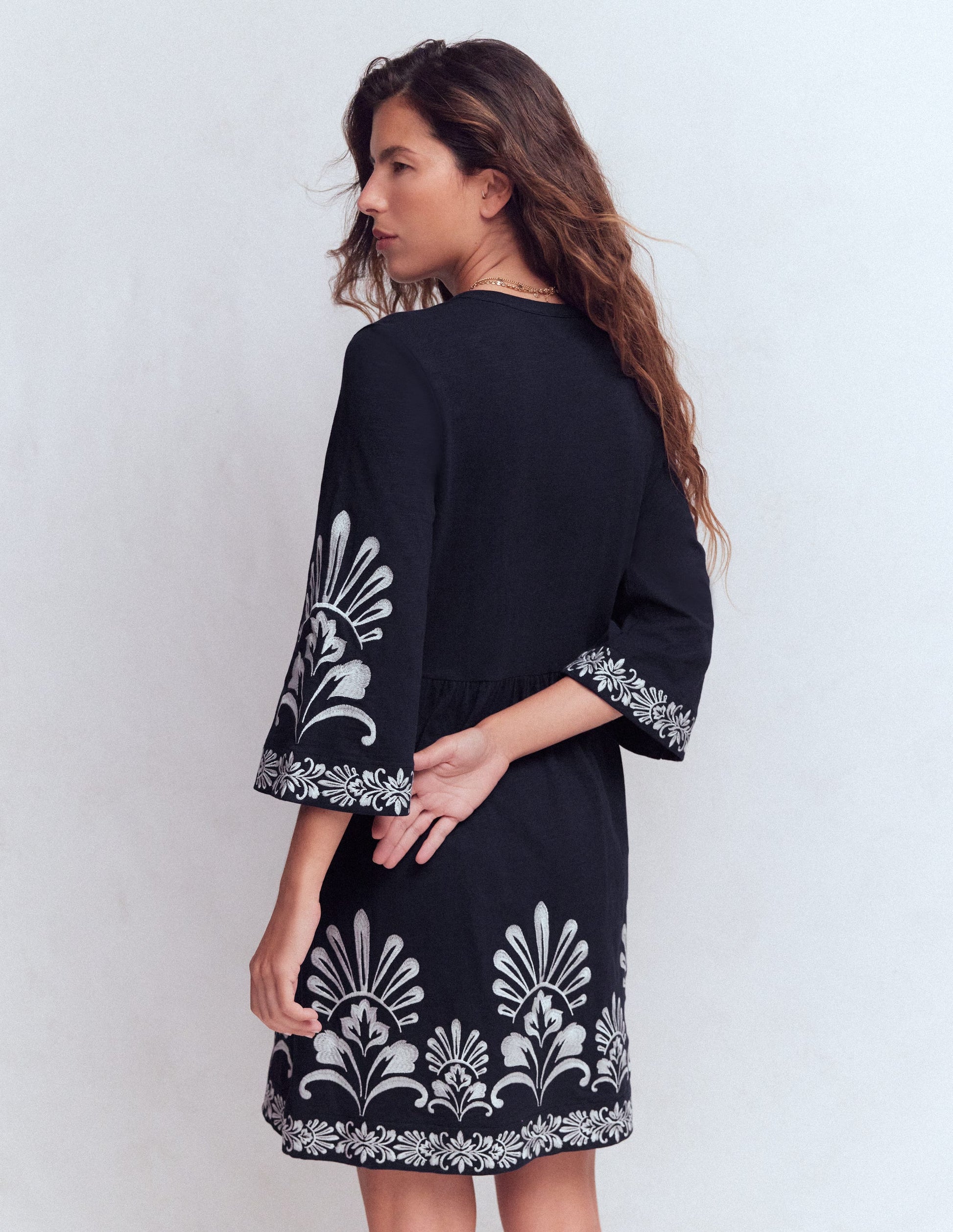 Short Kaftan Jersey Dress-Navy Embroidered-3