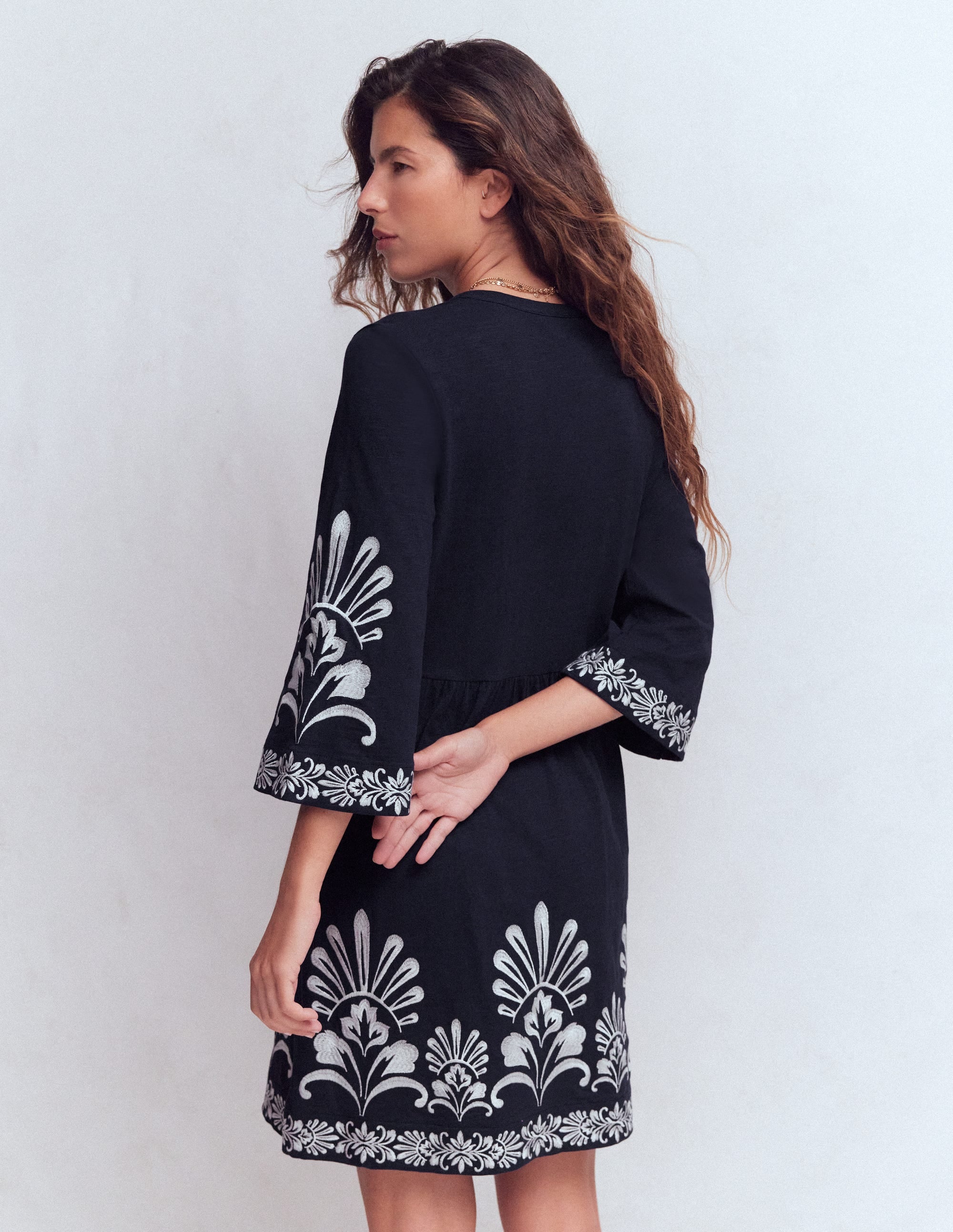 Short Kaftan Jersey Dress-Navy Embroidered - Image 3