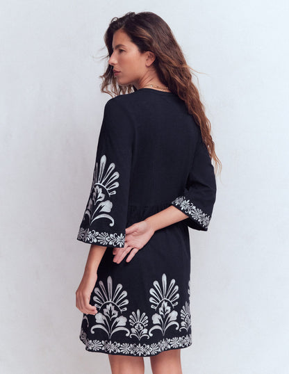 Short Kaftan Jersey Dress-Navy Embroidered-3