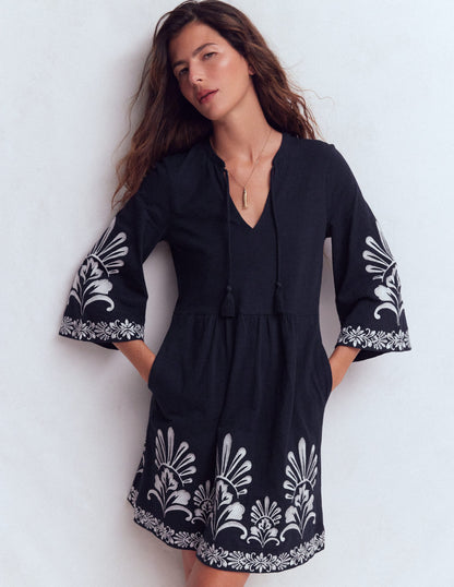 Short Kaftan Jersey Dress-Navy Embroidered-4