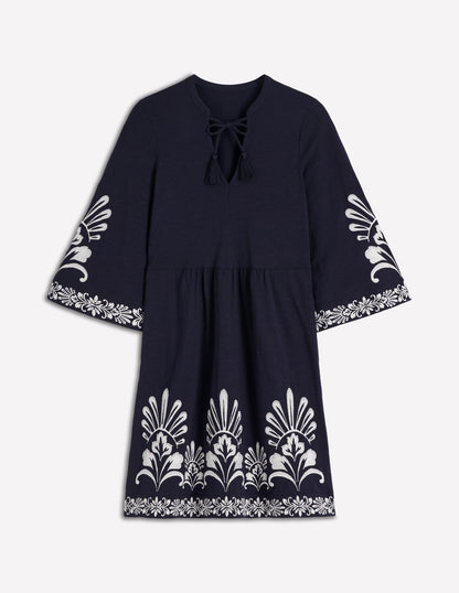Short Kaftan Jersey Dress-Navy Embroidered-5