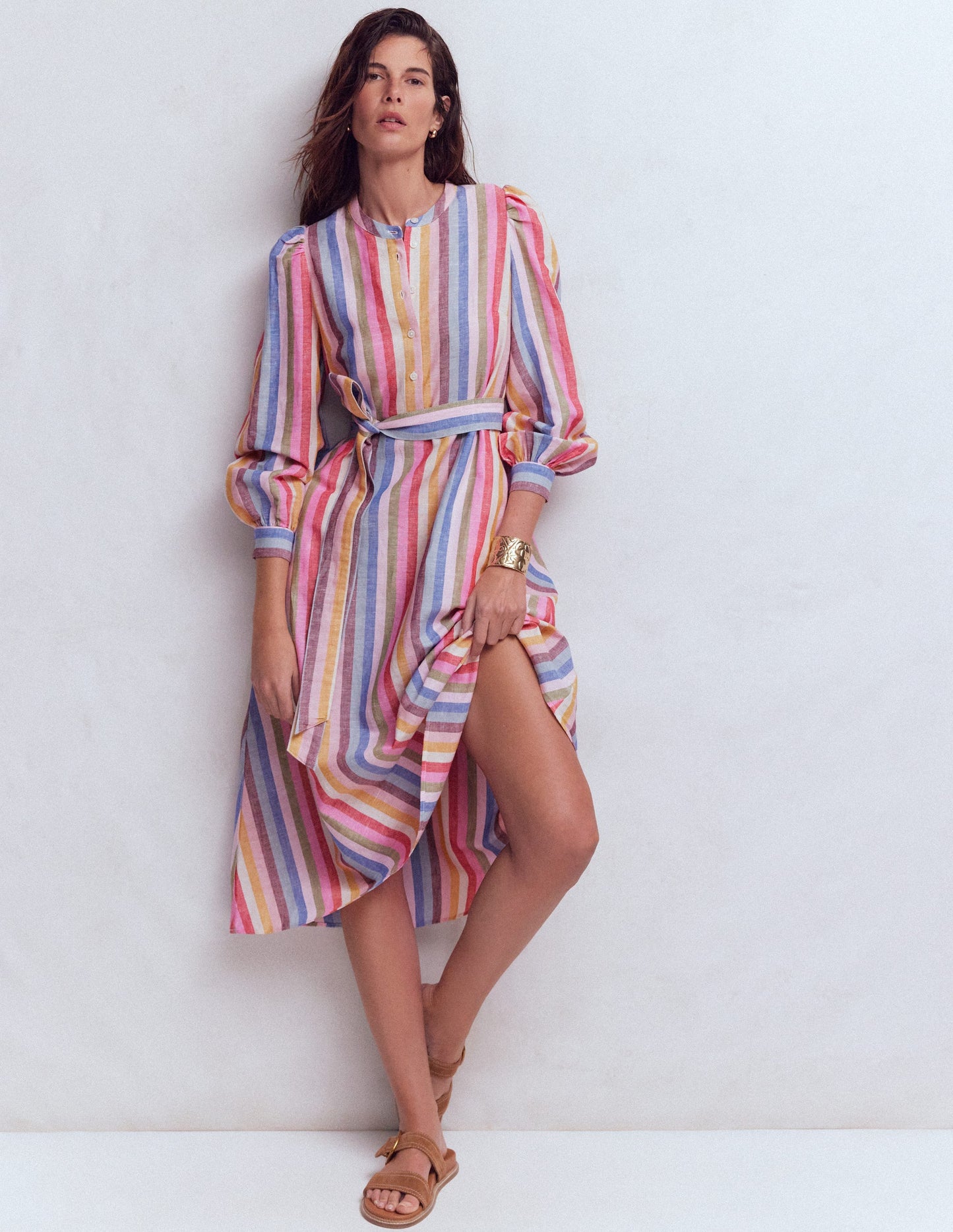 Ava Linen Blend Midi Dress-Pink, Green, Purple Multi