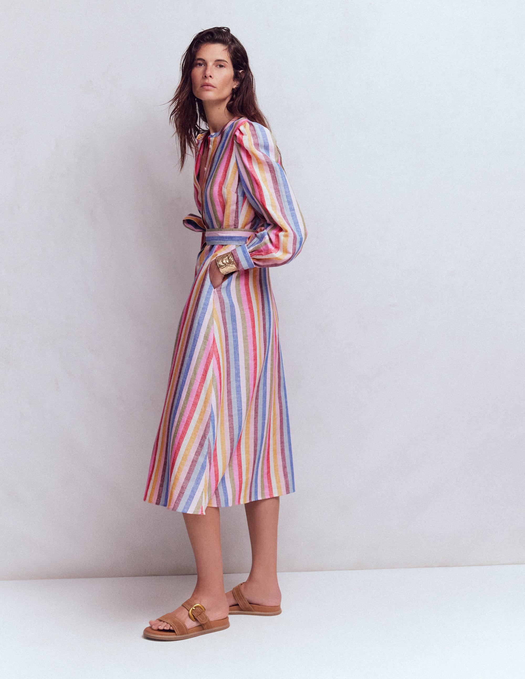 Ava Linen Blend Midi Dress-Pink, Green, Purple Multi - Image 4