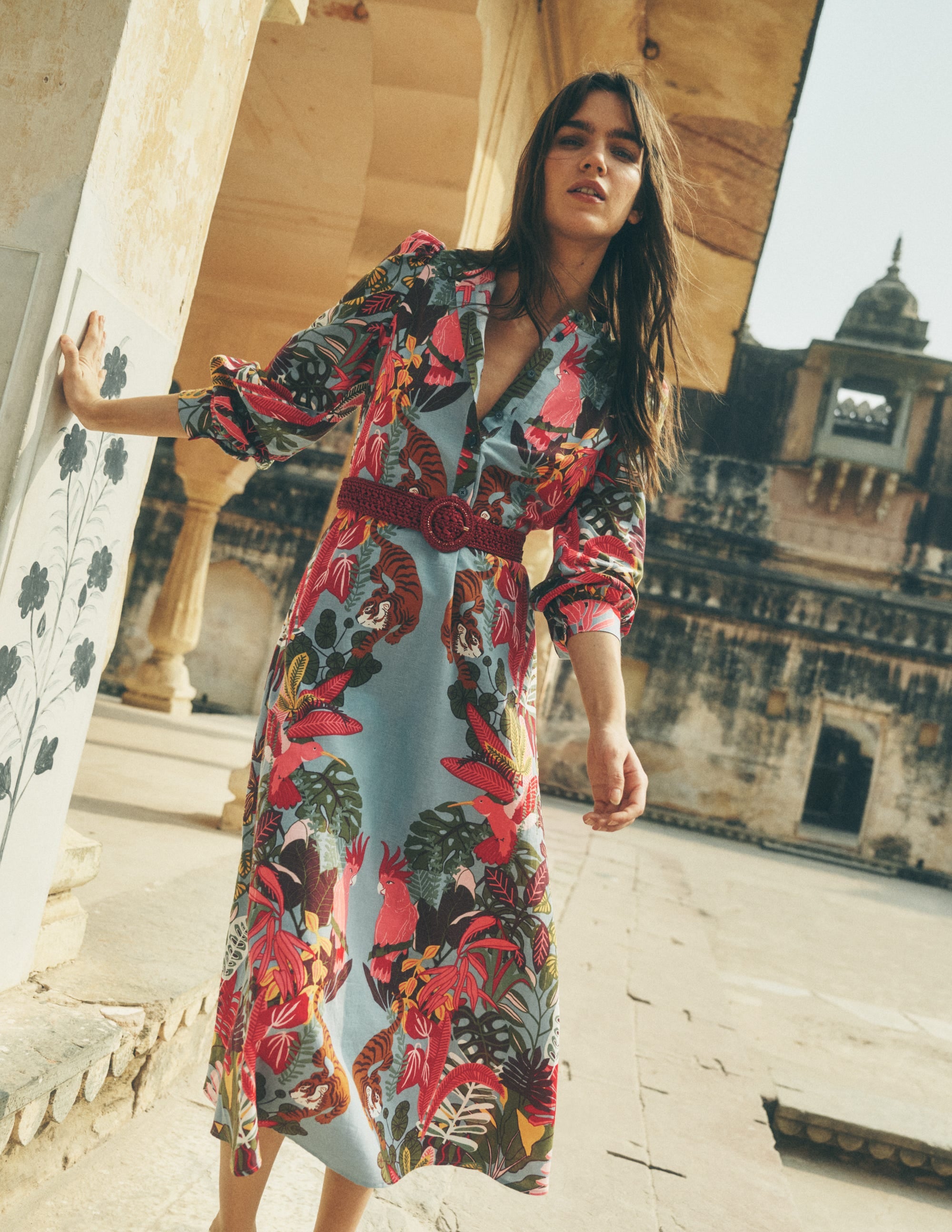 Ava Linen Blend Midi Dress-Blue Tropical Safari Placement - Image 5