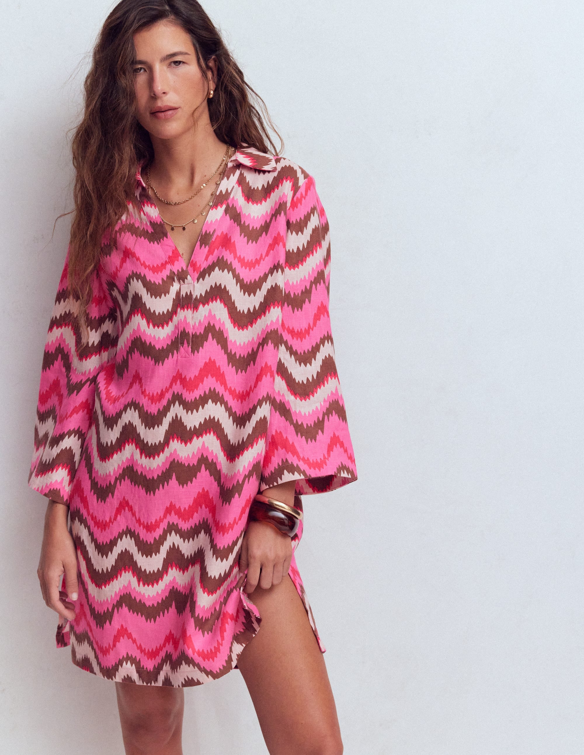 Carmen Linen Short Dress-Pink, Zig Zag Wave - Image 1