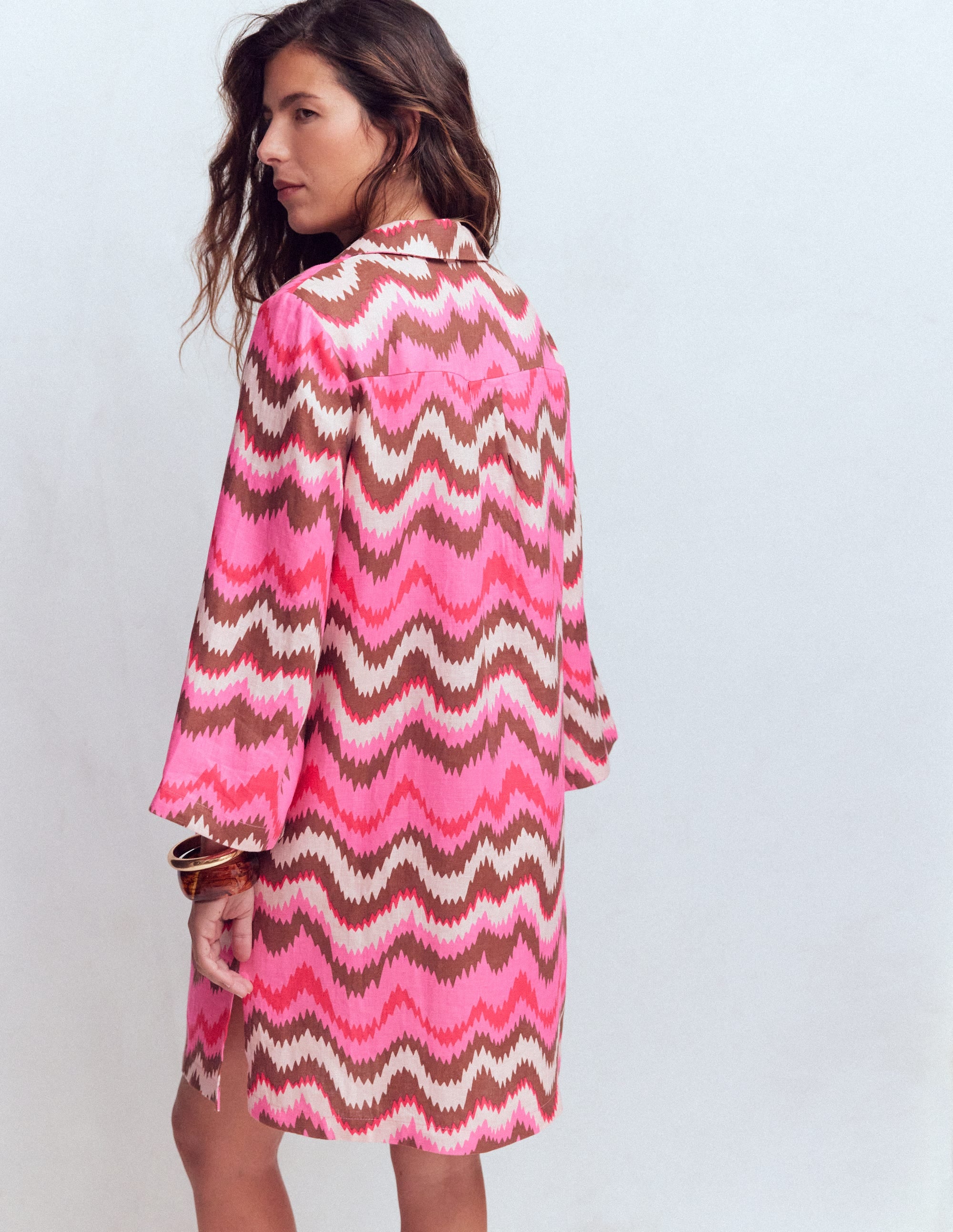 Carmen Linen Short Dress-Pink, Zig Zag Wave - Image 3
