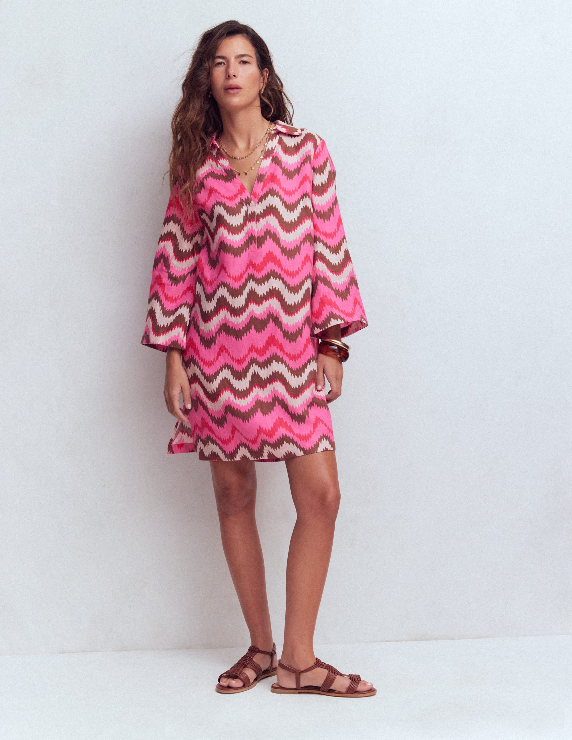 Carmen Linen Short Dress-Pink, Zig Zag Wave - Image 4