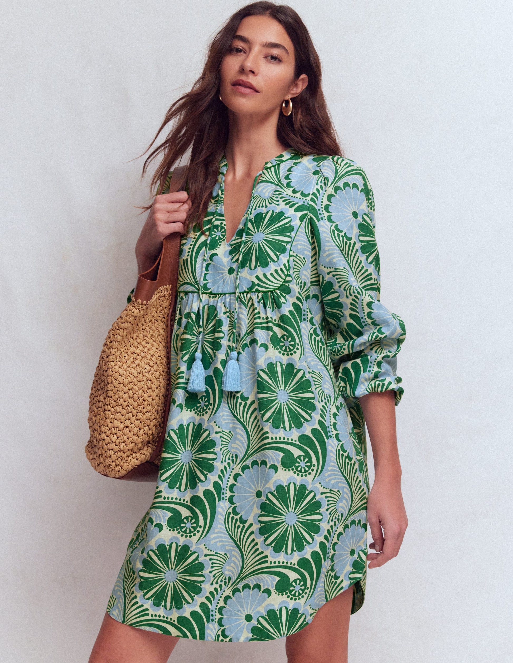 Pia Linen Yoke Tassel Dress-Blue Euphoric Garden-2