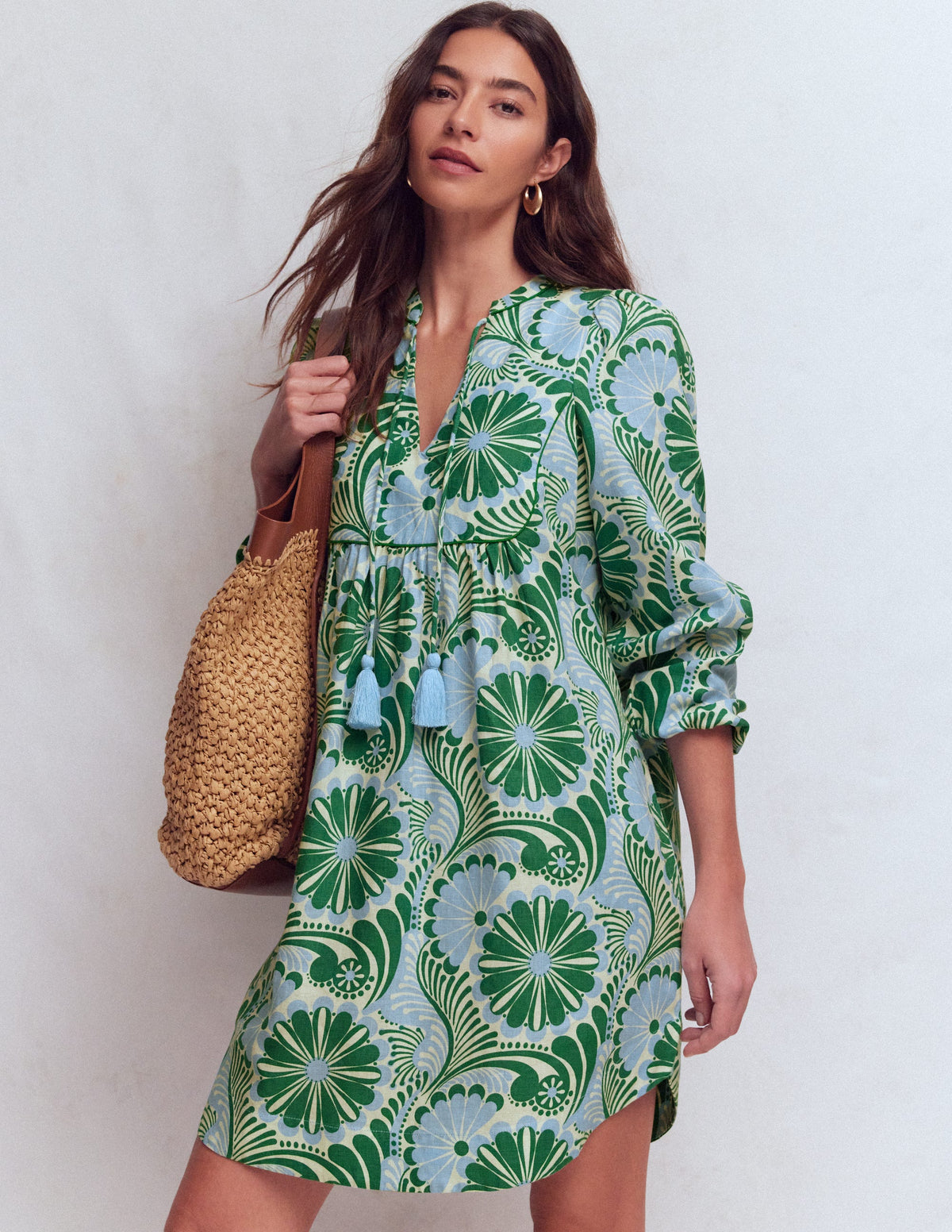 Pia Linen Yoke Tassel Dress-Blue Euphoric Garden - Image 1