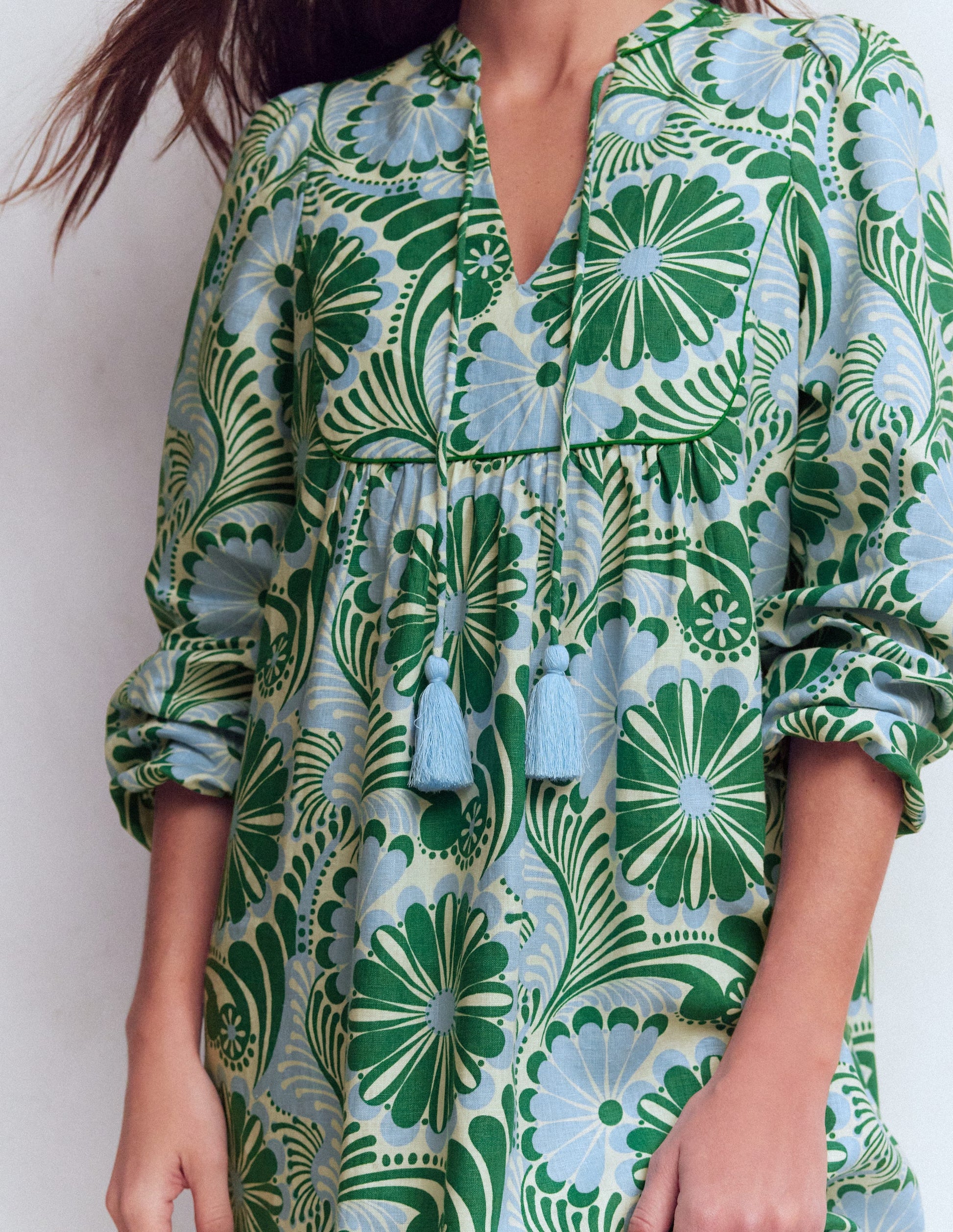Pia Linen Yoke Tassel Dress-Blue Euphoric Garden-3
