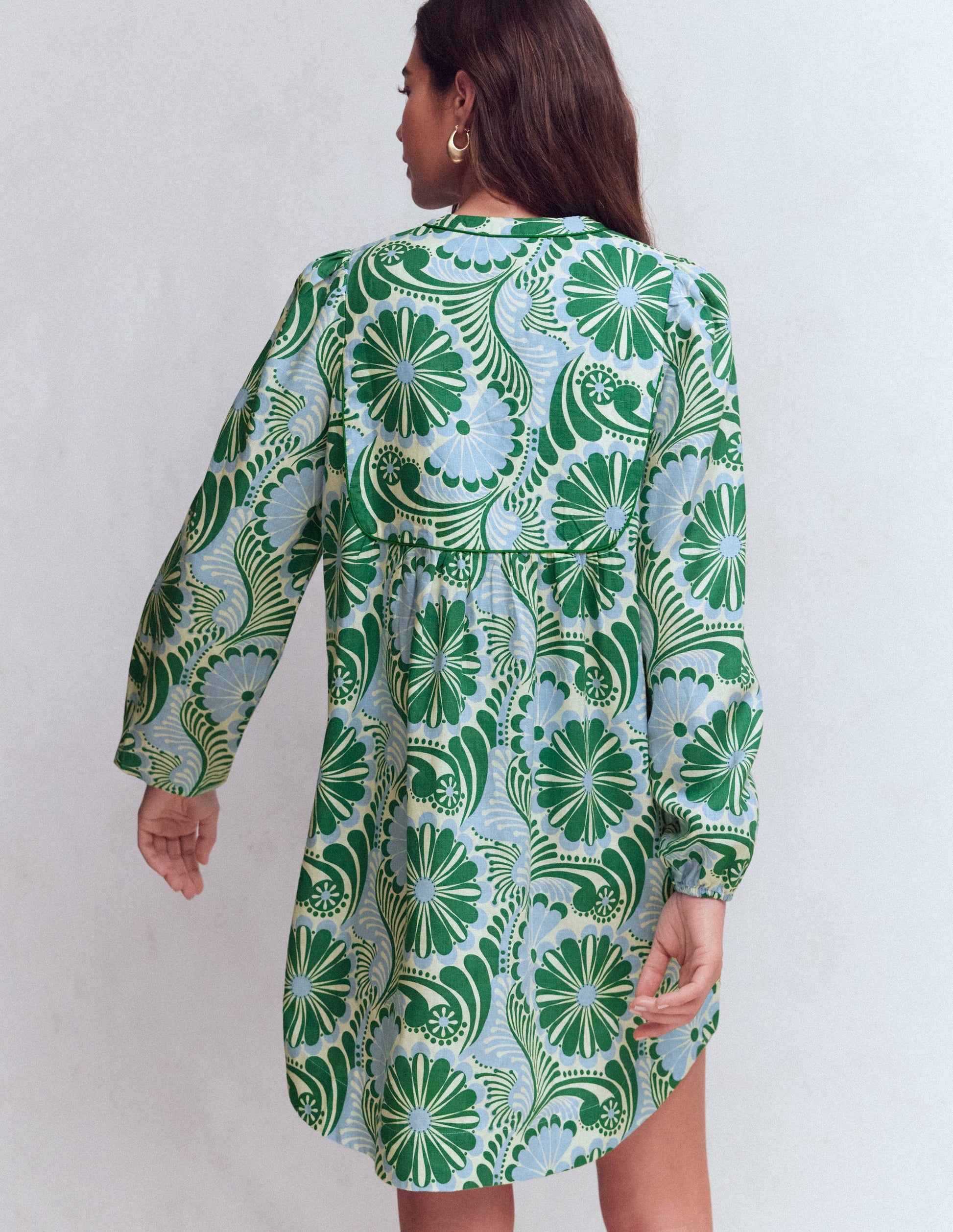 Pia Linen Yoke Tassel Dress-Blue Euphoric Garden-4