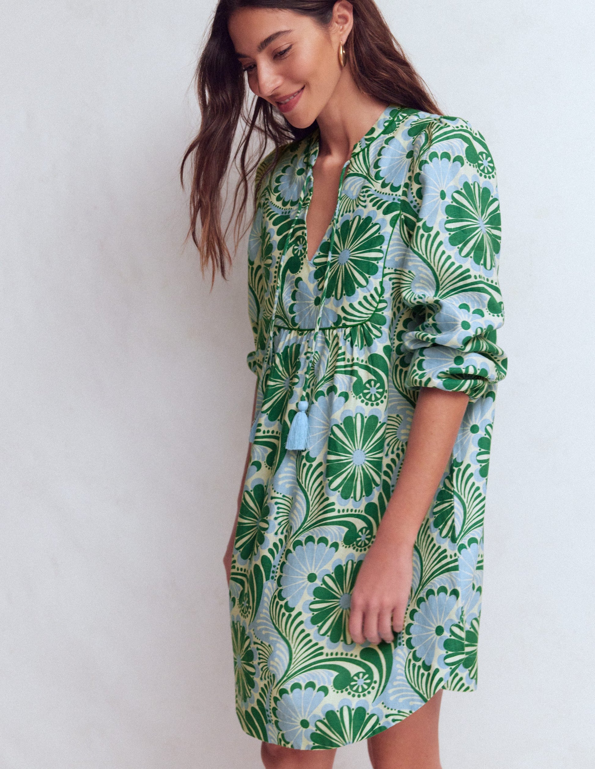 Pia Linen Yoke Tassel Dress-Blue Euphoric Garden-5