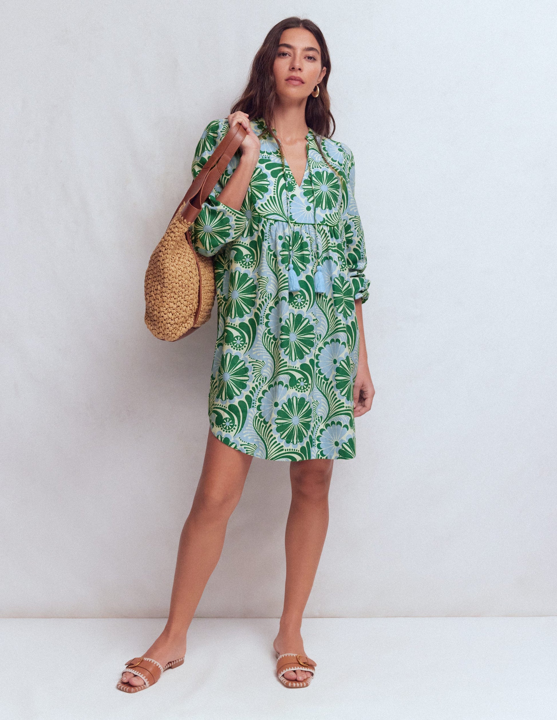 Pia Linen Yoke Tassel Dress-Blue Euphoric Garden-6