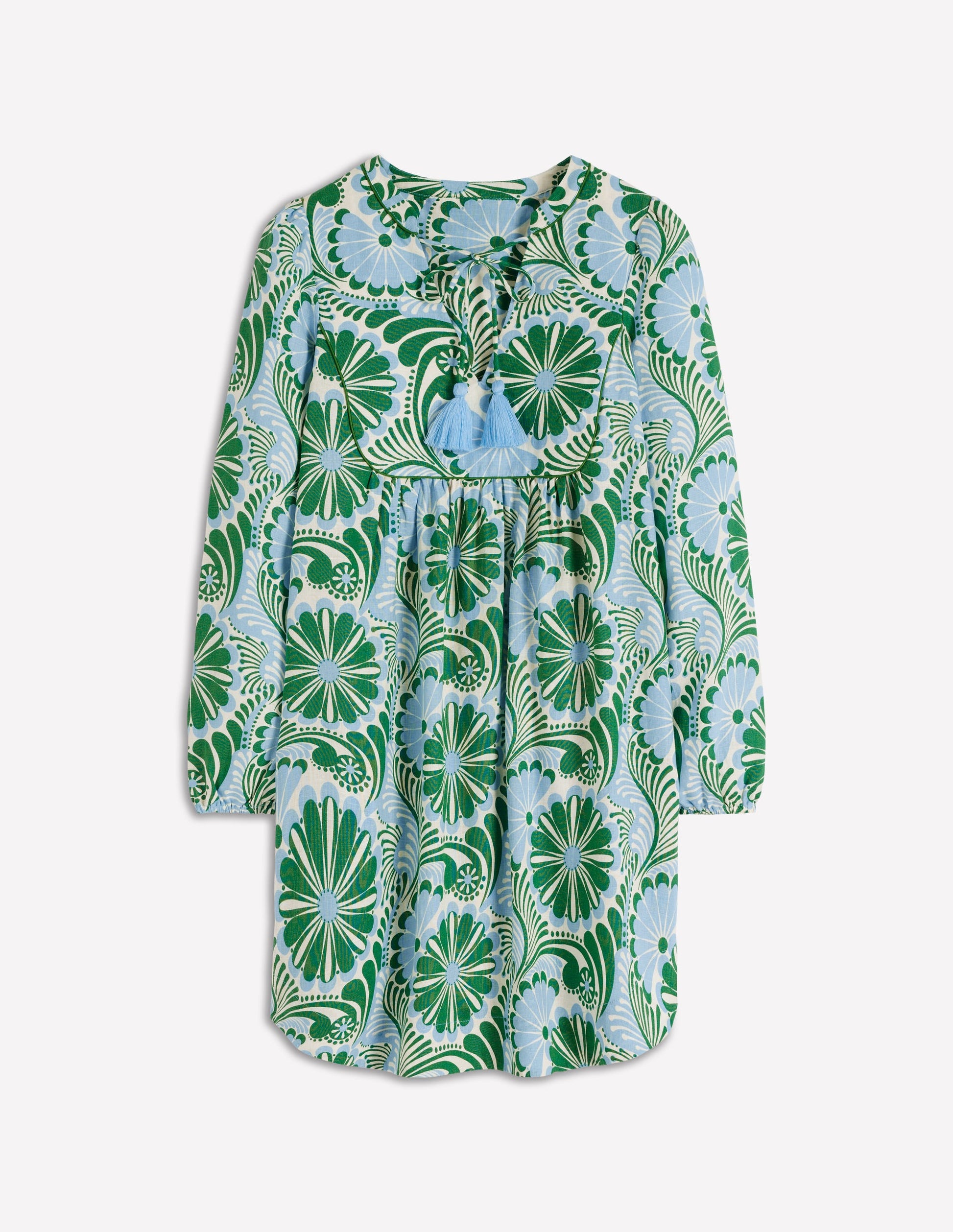 Pia Linen Yoke Tassel Dress-Blue Euphoric Garden-7