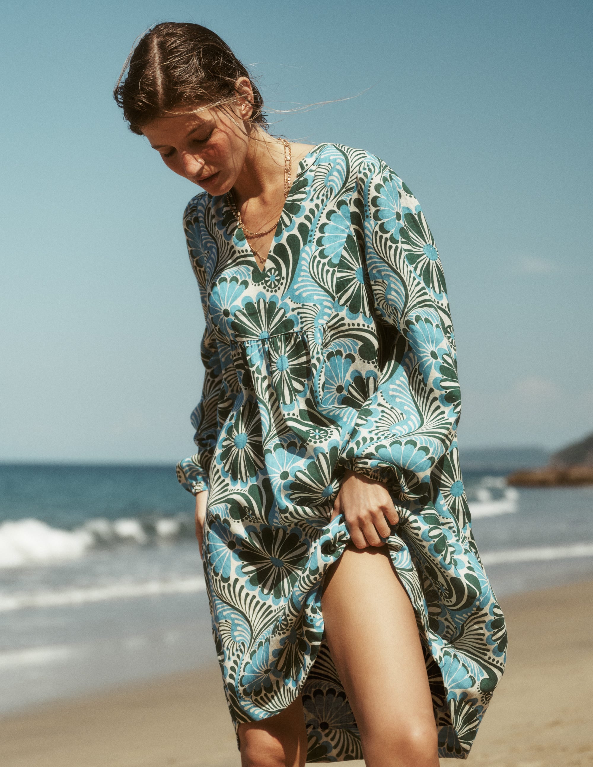 Pia Linen Yoke Tassel Dress-Blue Euphoric Garden - Image 6