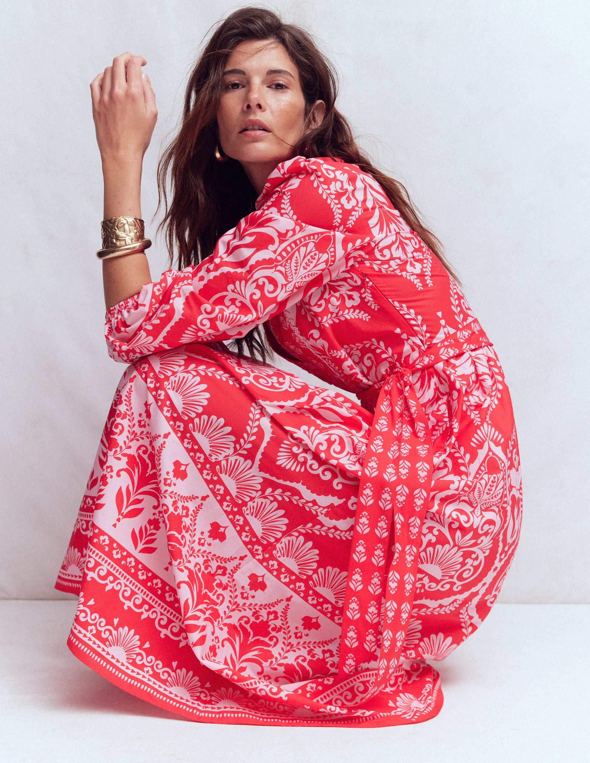 Cary Cotton Midi Dress-Red Ornamental Garden Mono-4