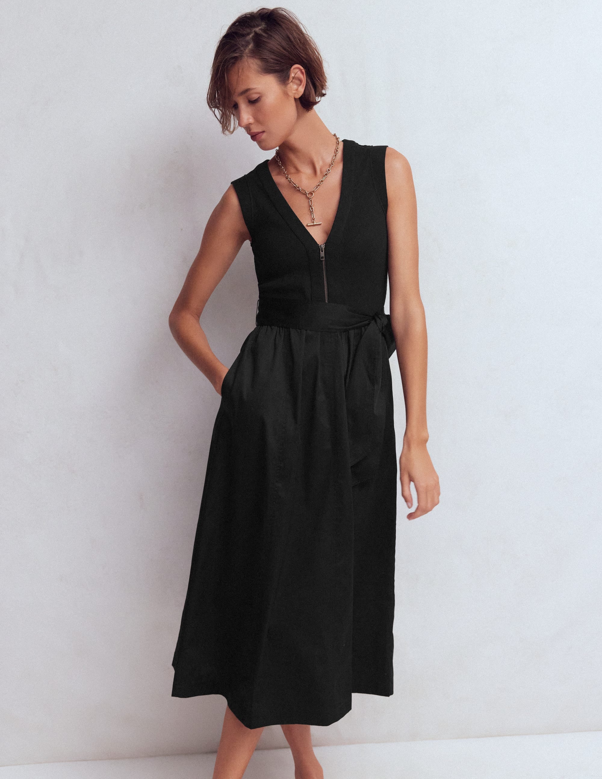 Zip-front Mix Media Dress-Black - Image 5