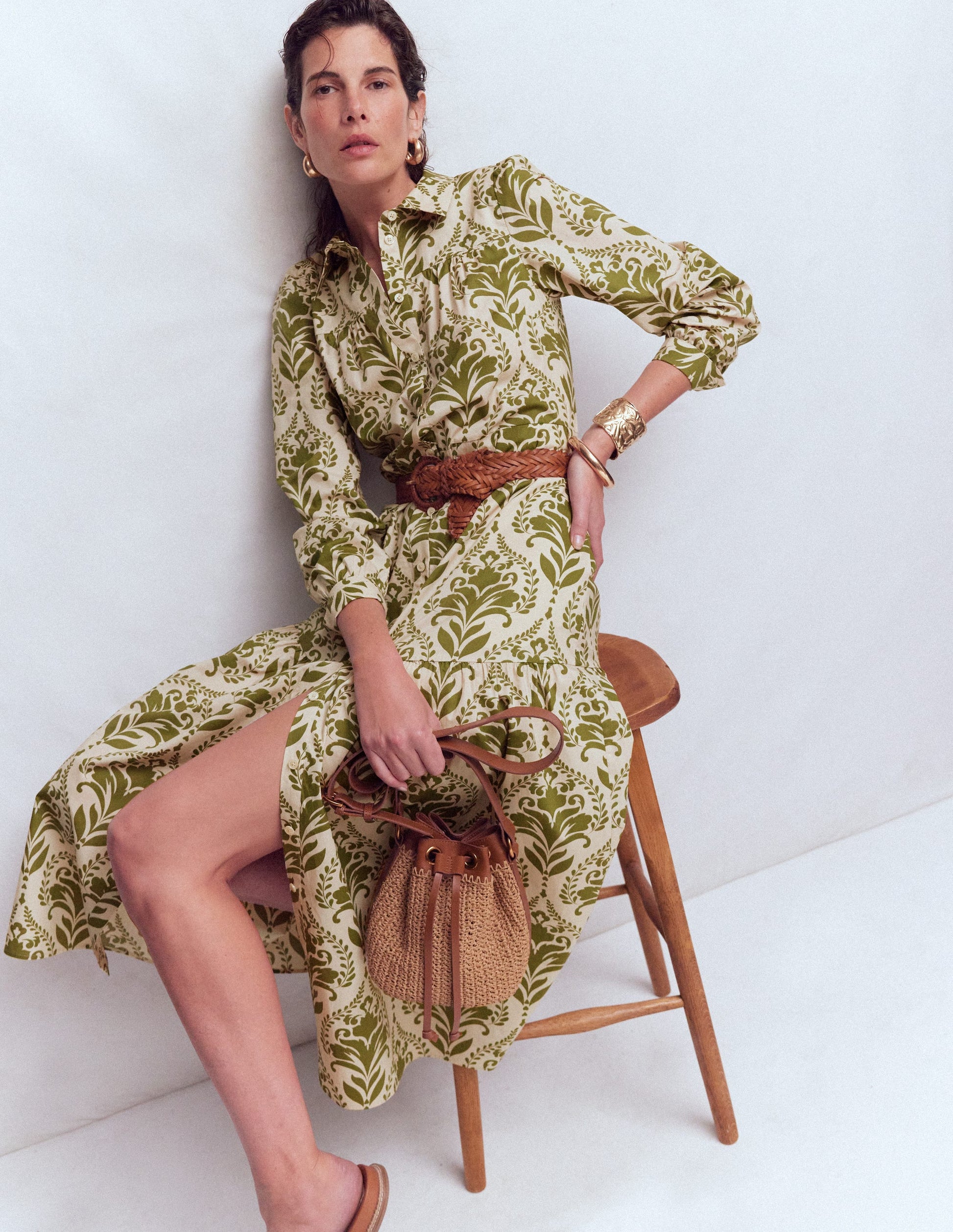 Ellie Cotton Maxi Shirt Dress-Green Decorative Lattice-5