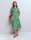 Ivy Button Cotton Midi Dress-Verdant Green, Meadow Scatter