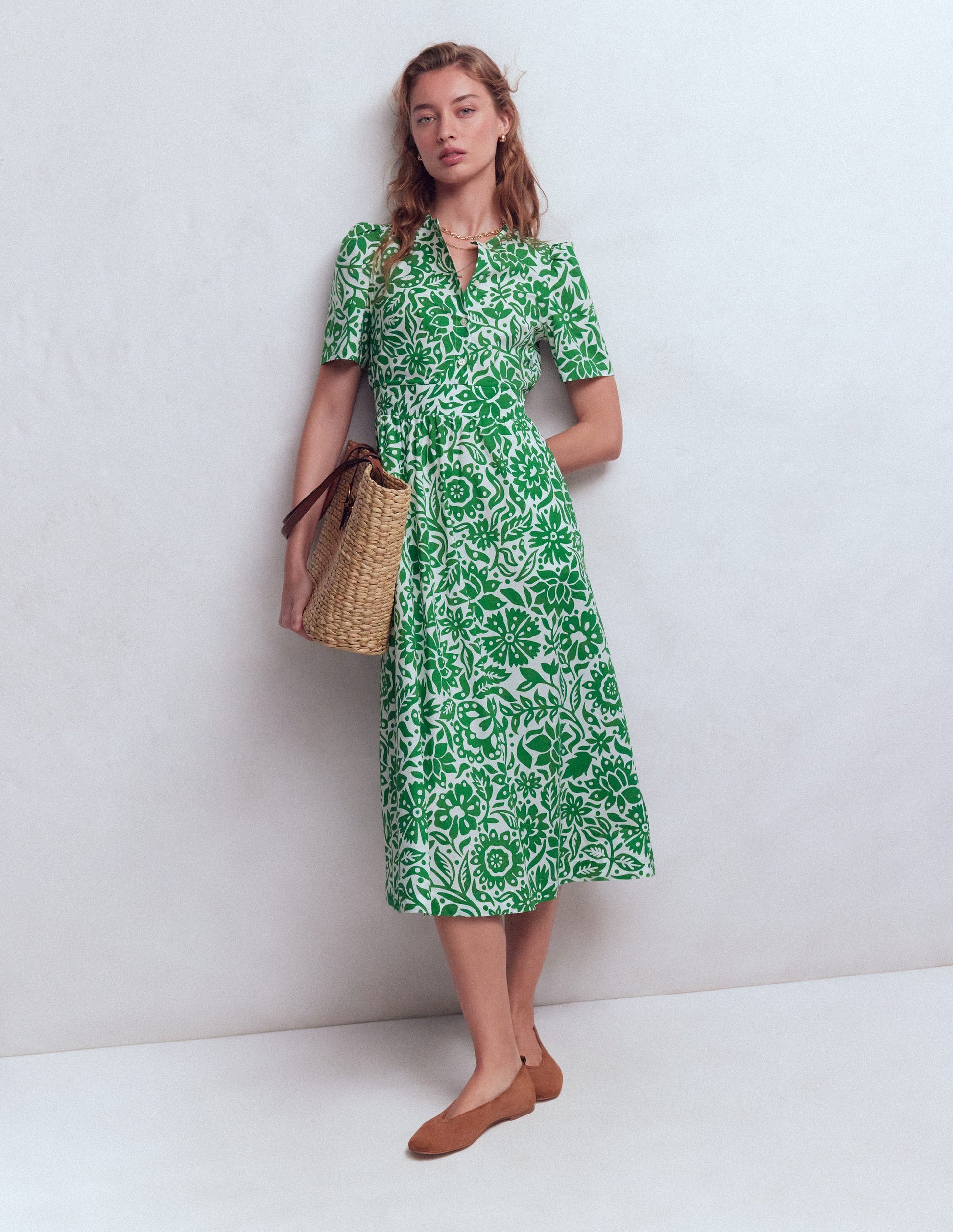Ivy Button Cotton Midi Dress-Verdant Green, Meadow Scatter-1