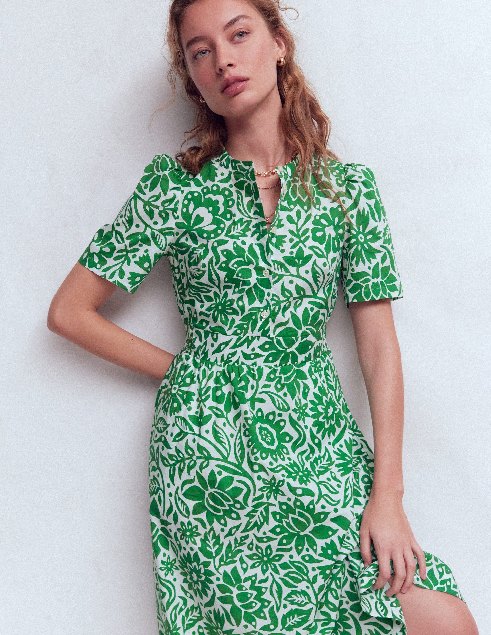 Ivy Button Cotton Midi Dress-Verdant Green, Meadow Scatter-2