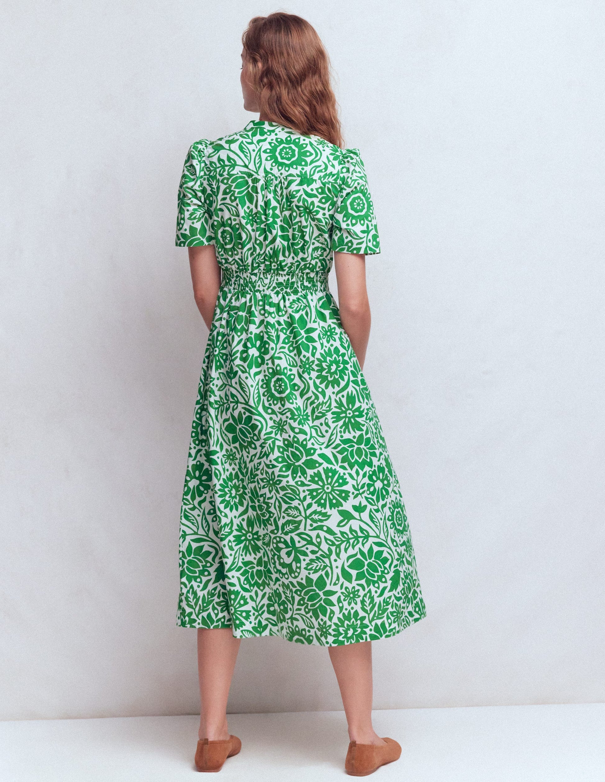 Ivy Button Cotton Midi Dress-Verdant Green, Meadow Scatter-3
